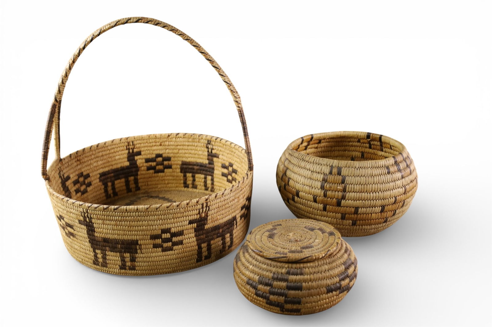 3 NATIVE AMERICAN BASKETS: LARGE FIGURAL BASKET, LIDDED BOWL, & BOWL. 7" - 14" DIAM.