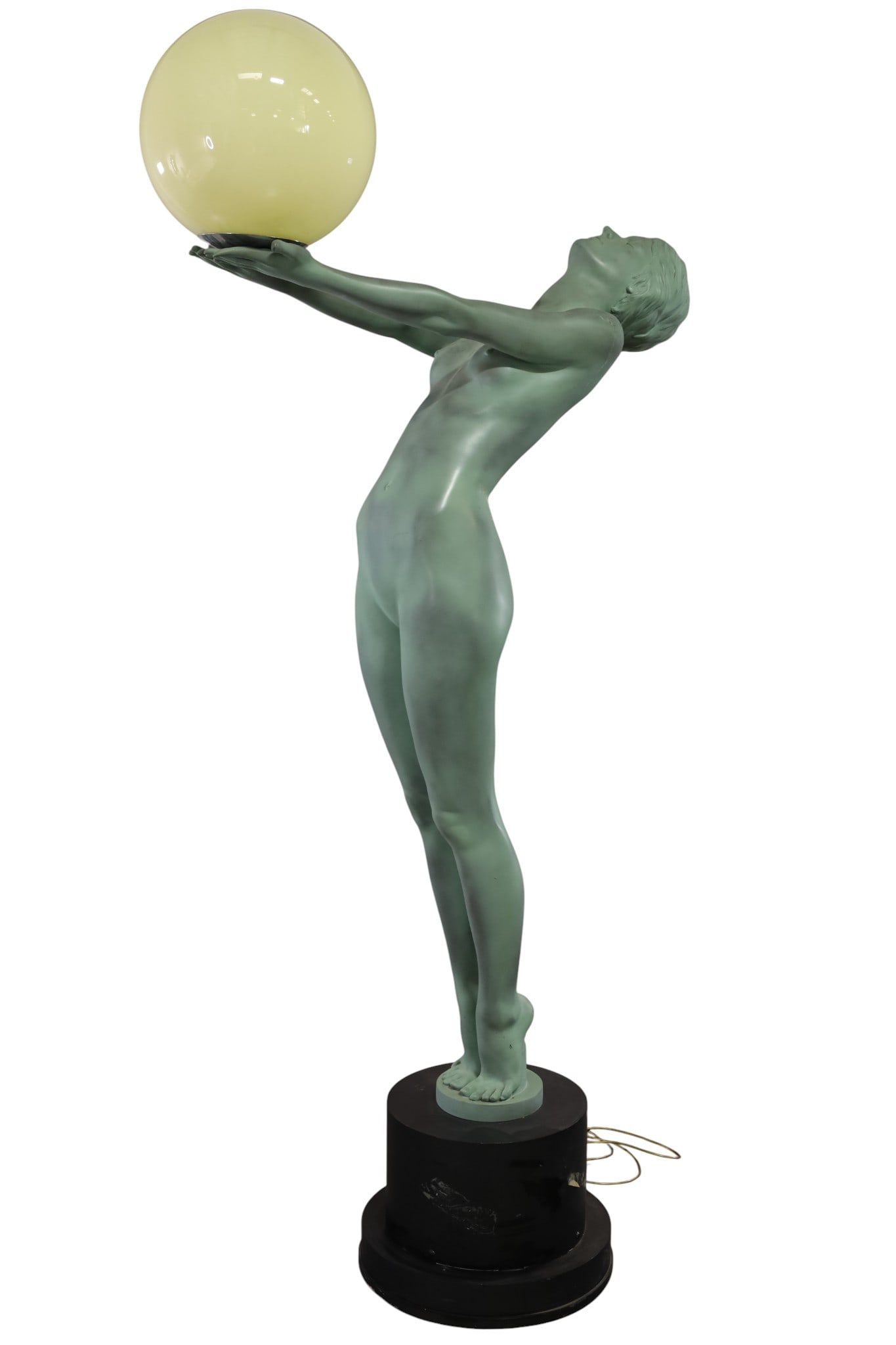 ART DECO FLOOR LAMP: LARGE LIFESIZE NUDE FEMALE ART DECO FLOOR LAMP, COMPOSITION FIGURE, WITH GLASS GLOBE SHADE. TAPE RESIDUE TO BASE. 85" H. THIS ITEM EXCEEDS SIZE LIMITATIONS FOR IN HOUSE SHIPPING, MUST BE PICKED 