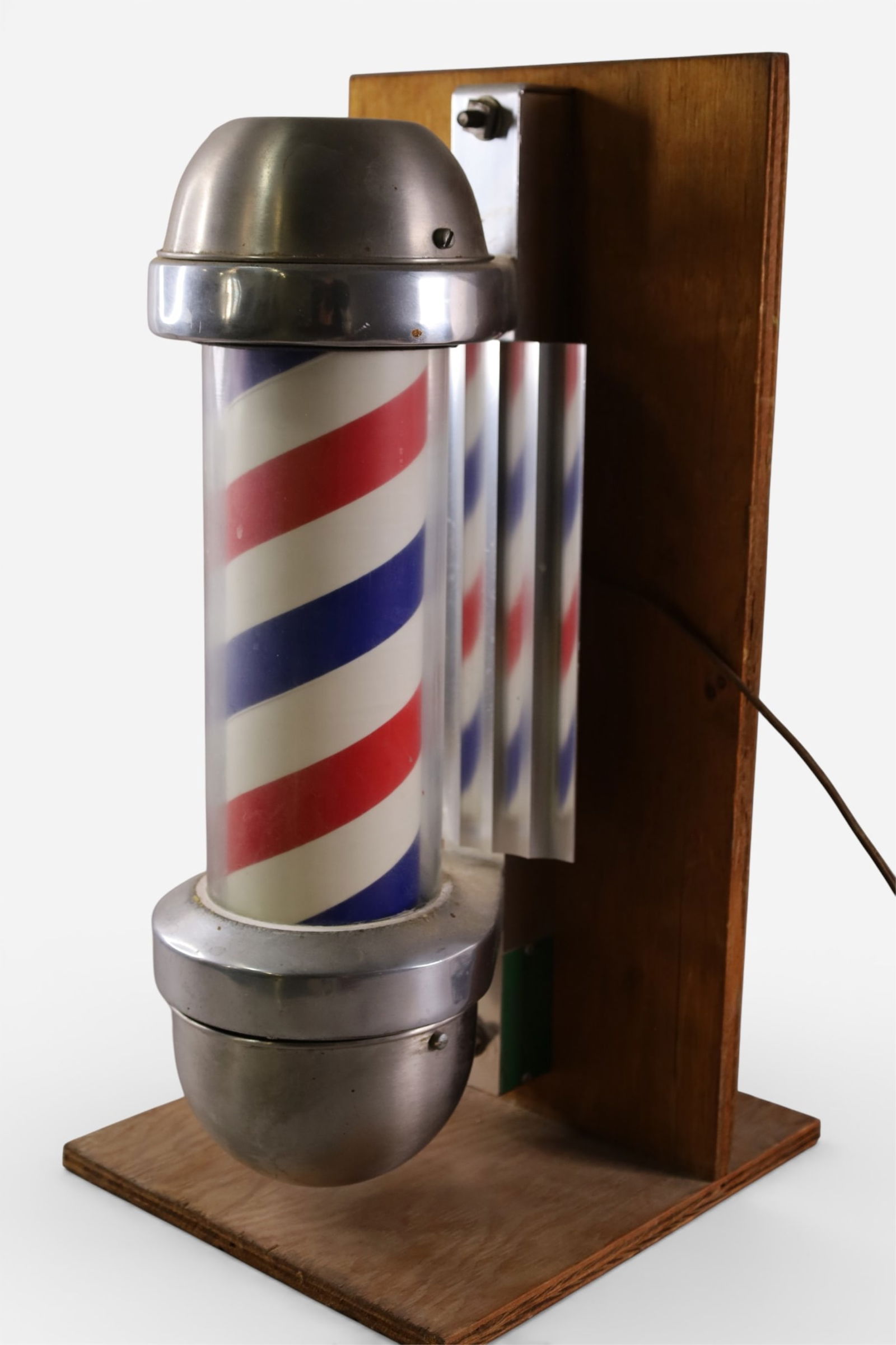 MARVY BARBER POLE: SMALL MARVY BARBER POLE ON BACKING, MODEL 410. WORKING. 19 1/2" H.
