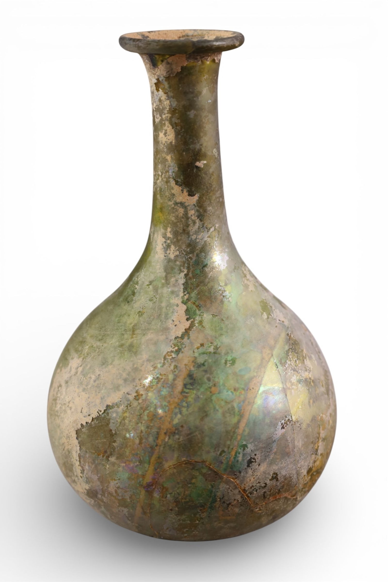 ROMAN GLASS VASE: ANCIENT ROMAN GLASS VASE, CRACK. 7 1/2' H