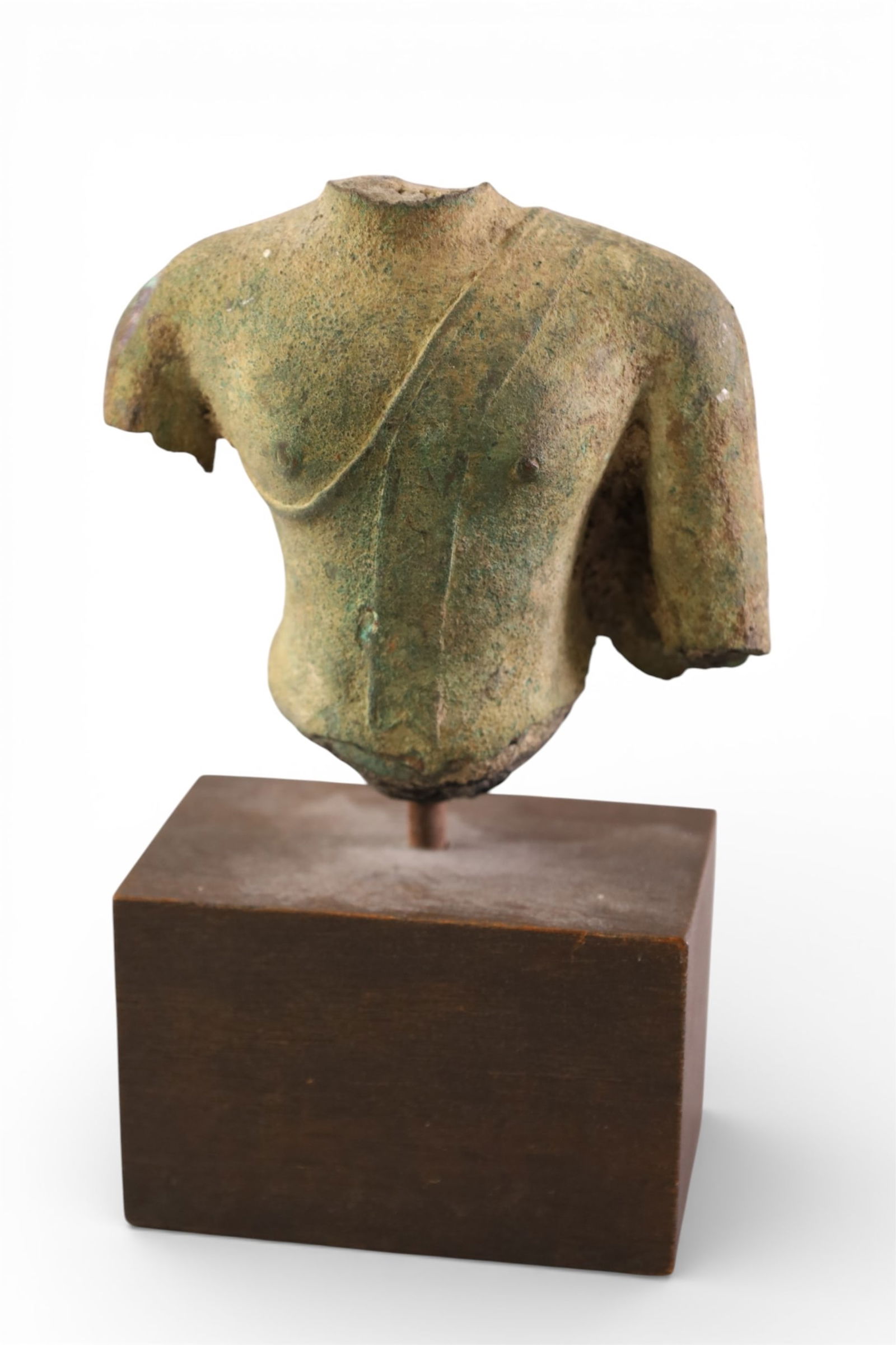 THAI STONE TORSO: STONE TORSO SCULPTURE, ON STAND, 7" H.
