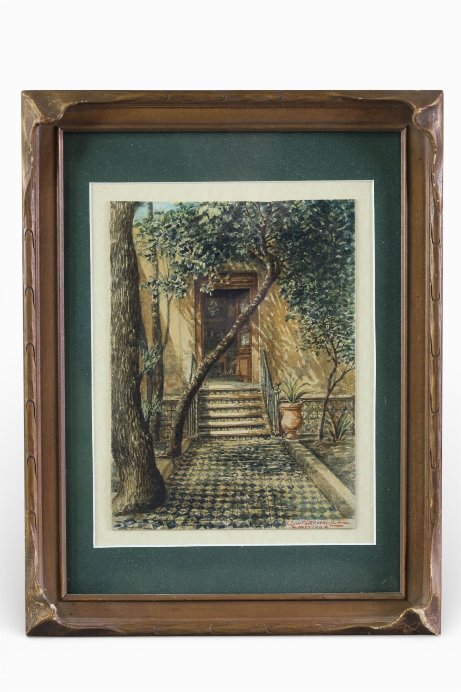 HERMOSILLA PAINTING: SMALL ENTRYWAY PAINTING, FRAMED UNDER GLASS, 10" x 13"