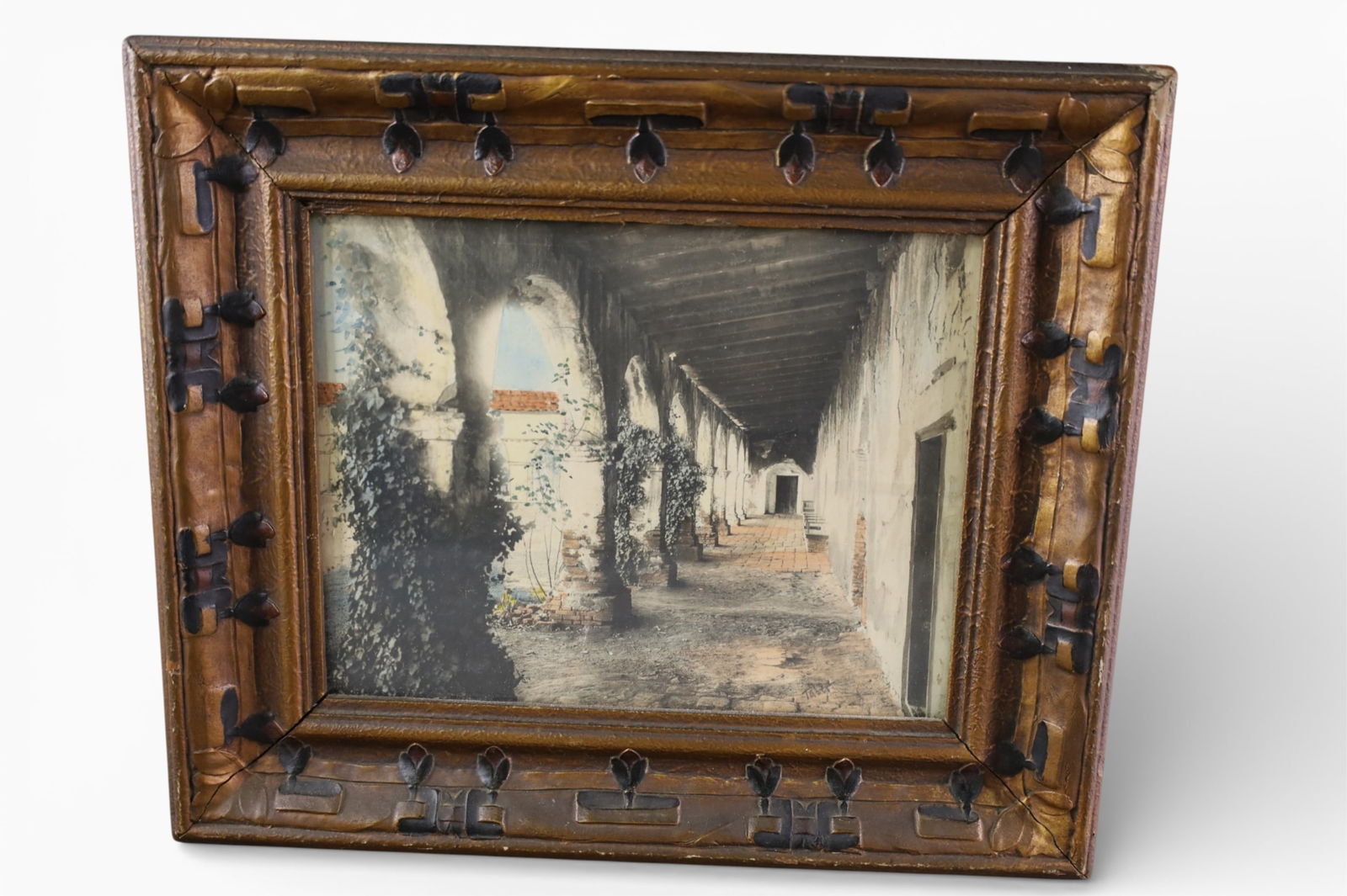 1920'S HAND COLORED PHOTOGRAPH: SIGNED LOWER RIGHT TABER, CALIFORNIA MISSION HAND COLORED PHOTOGRAPH. 10 1/2" x 12"