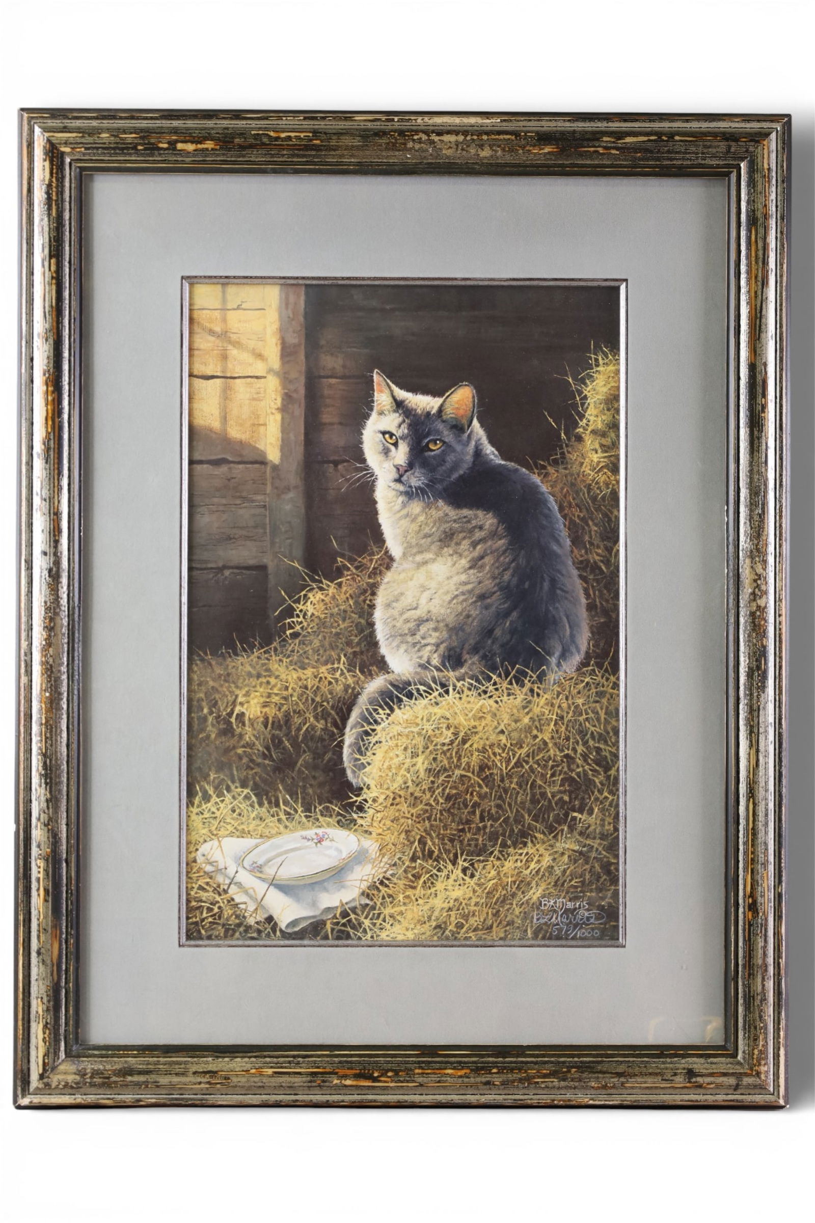 FRAMED CAT PRINT: FRAMED PRINT OF A CAT, BONNIE MARRIS, ARTIST SIGNED. 519/1000. 21" x 27"