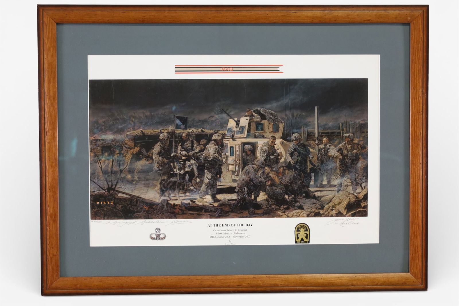 FRAMED PRINT: TITLED END OF THE DAY, DIETZ. ARTIST SIGNED. 35" x 26" IN FRAME.