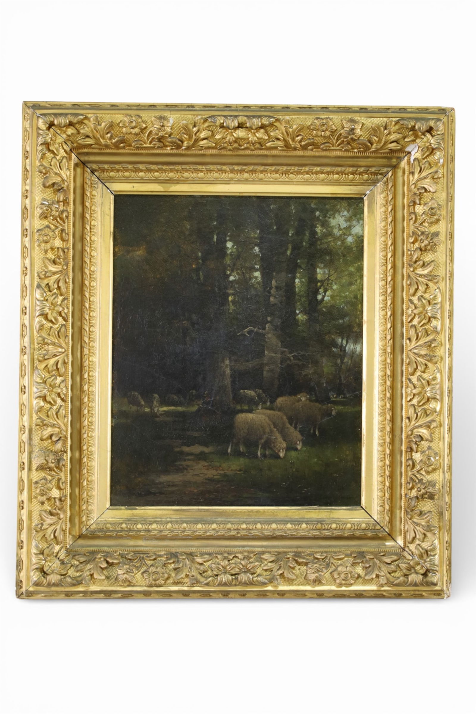 ANTIQUE SHEEP PAINTING: ANTIQE OIL ON CANVAS, SHEEP PAINTING. IN GILT FRAME. CHIPS TO FRAME. 22" x 25" IN FRAME
