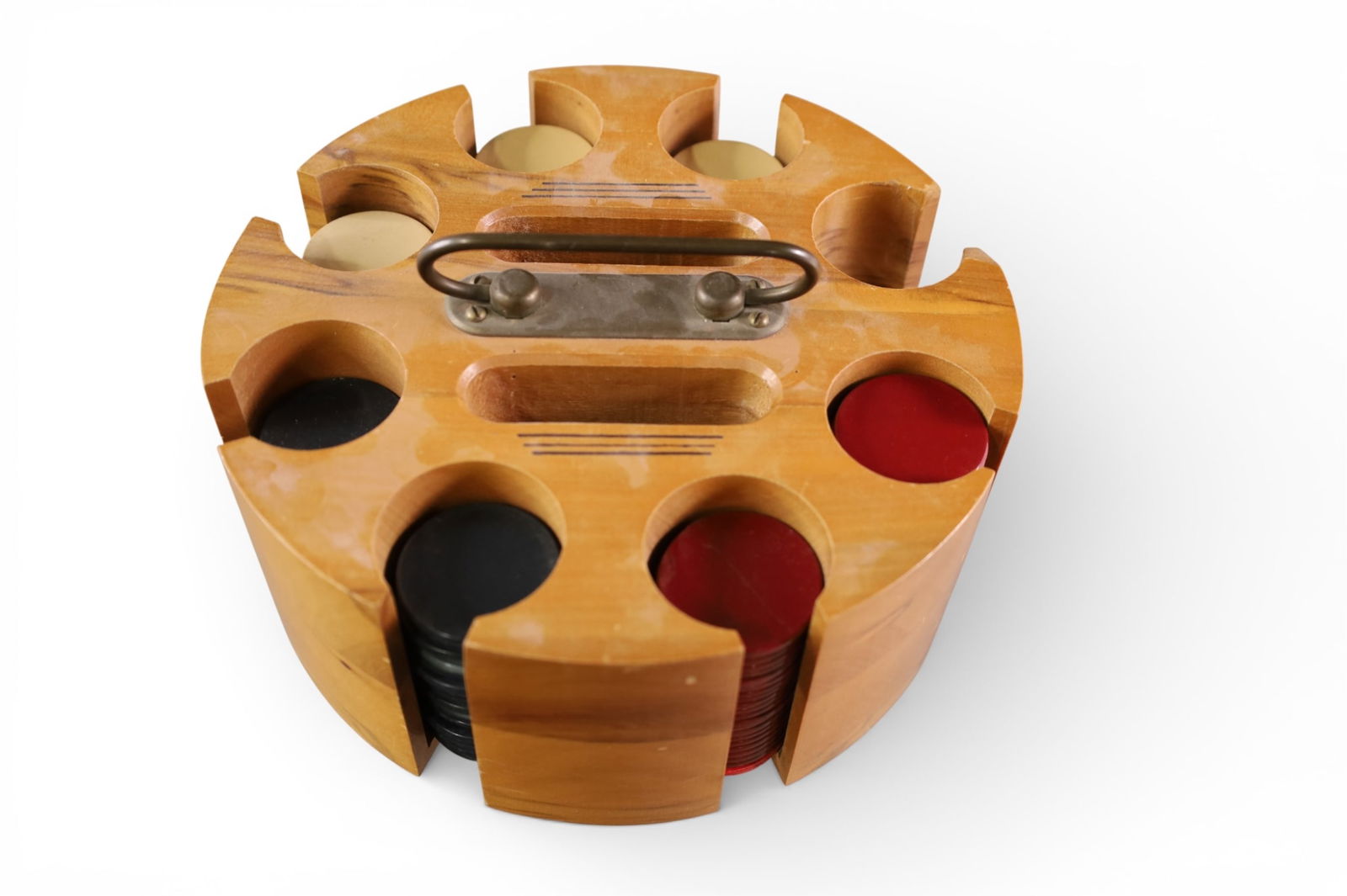 VINTAGE POKER CHIPS: VINTAGE CLAY POKER CHIP SET, IN HOLDER. 8" W.