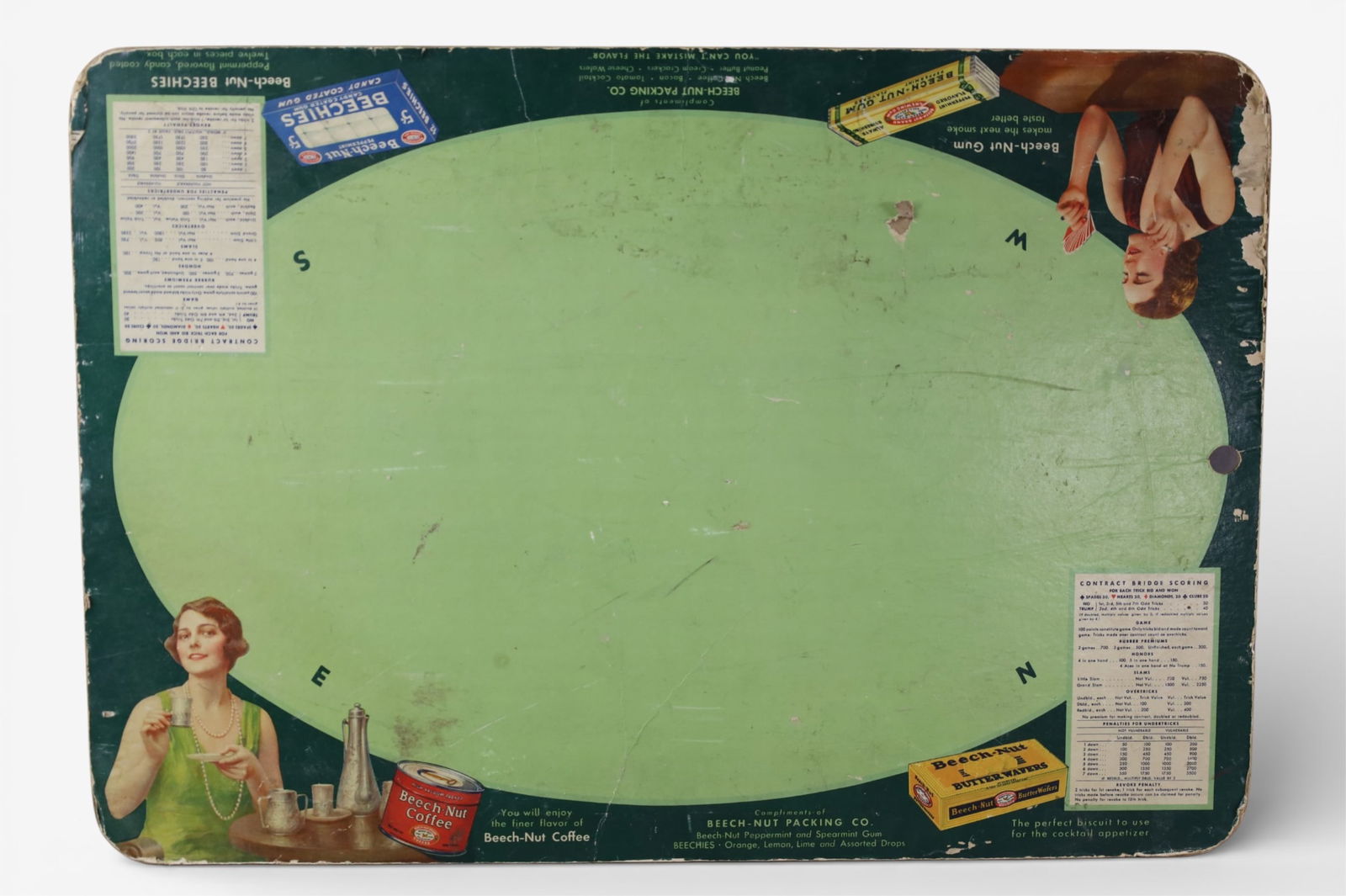 BEECHNUT BOARD: BRIDGE SCORING PAD, WITH BEECH NUT ADS. CHIPS TO CARDBOARD. 26" x 18"