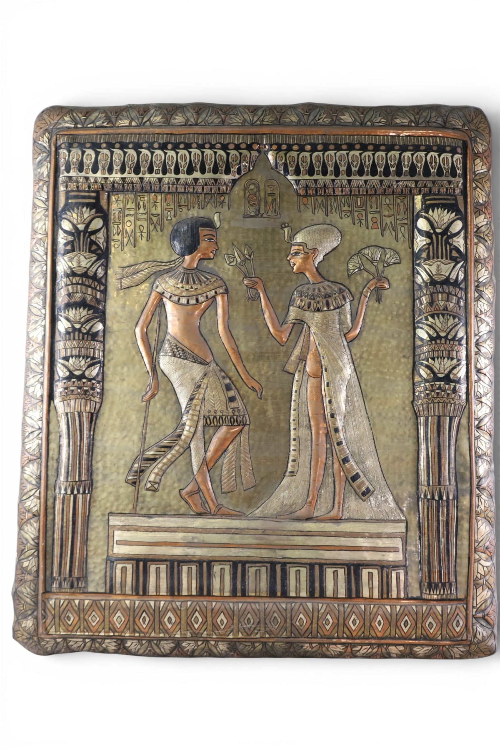 EGYPTIAN WALL HANGING: EGYPTIAN METAL WALL HANGING IN RELIEF. 27" x 32"