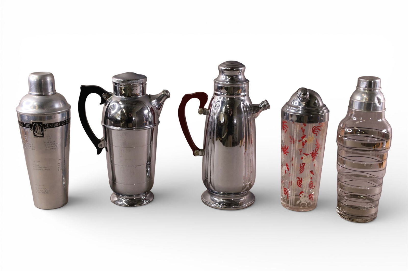 5 VINTAGE SHAKERS: 5 VINTAGE COCKTAIL SHAKERS, 6" H.