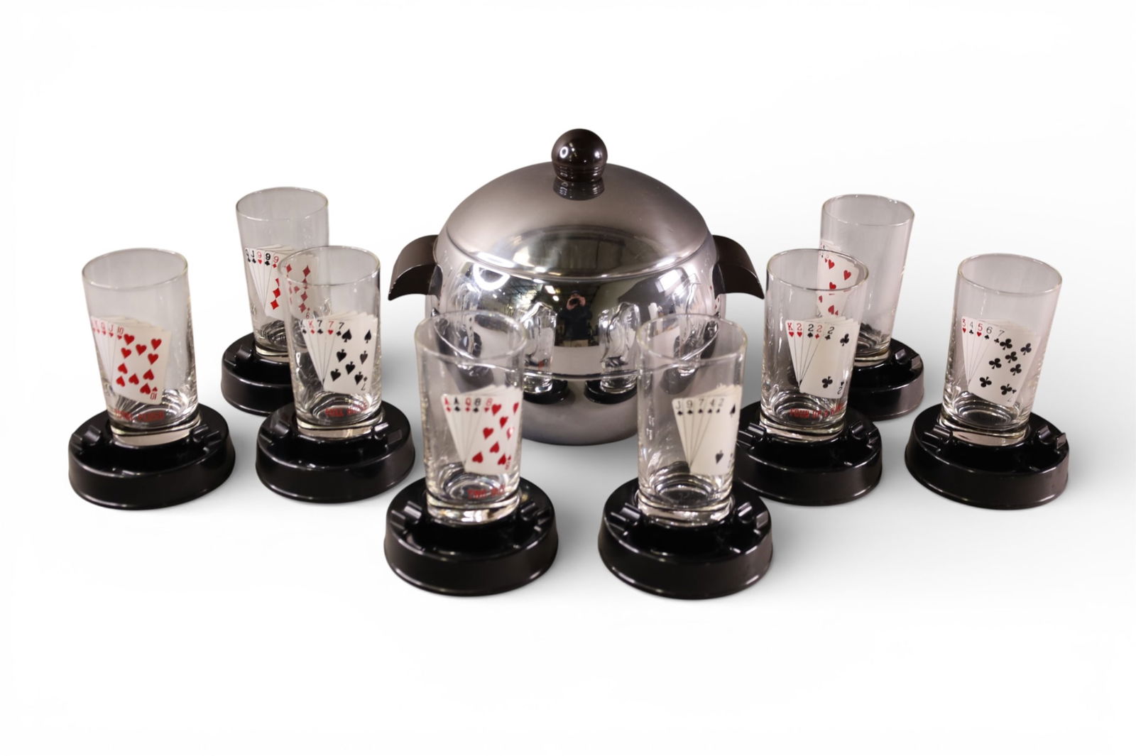 VINTAGE COCKTAIL SET: 8 POKER GLASSES WITH ASHTRAY HOLDERS, & ICE BUCKET. 5" - 8" H.