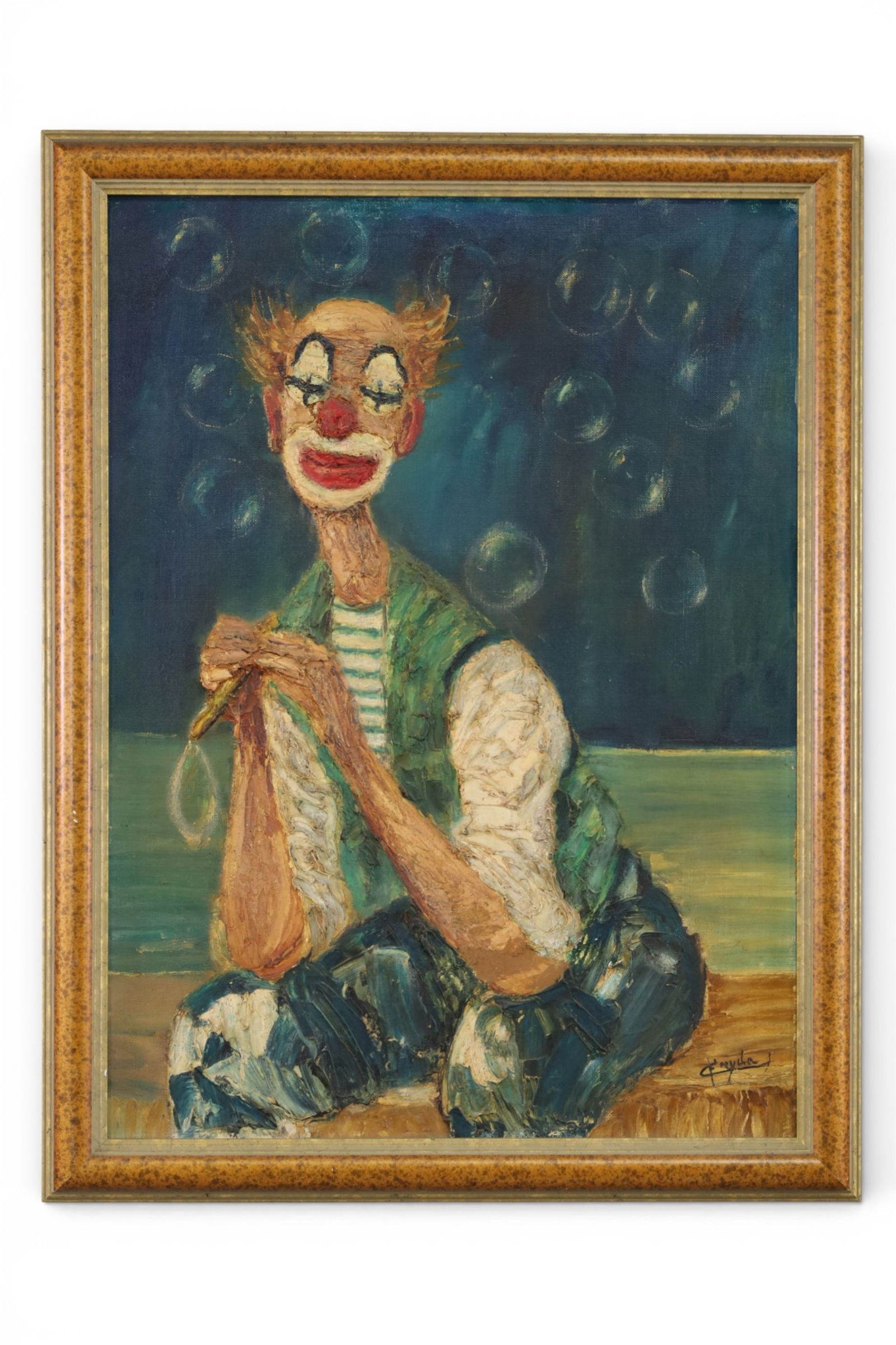 CLOWN PAINTING: MID CENTURY MODERN CLOWN PAINTING, OIL ON CANVAS, SIGNED LOWER RIGHT. 25" X 32"