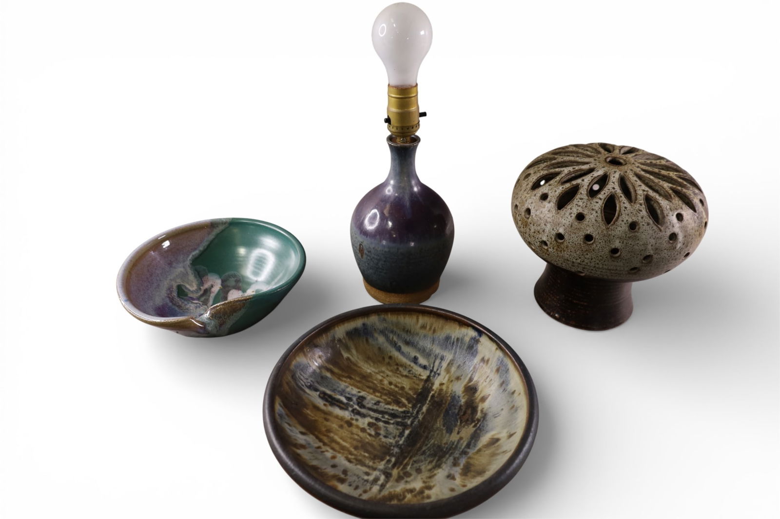GROUPING OF STUDIO POTTERY: LAMP, BOWL, AND MORE, ONE IS SIGNED KAREN WOOD. 3" - 10 1/2" H.