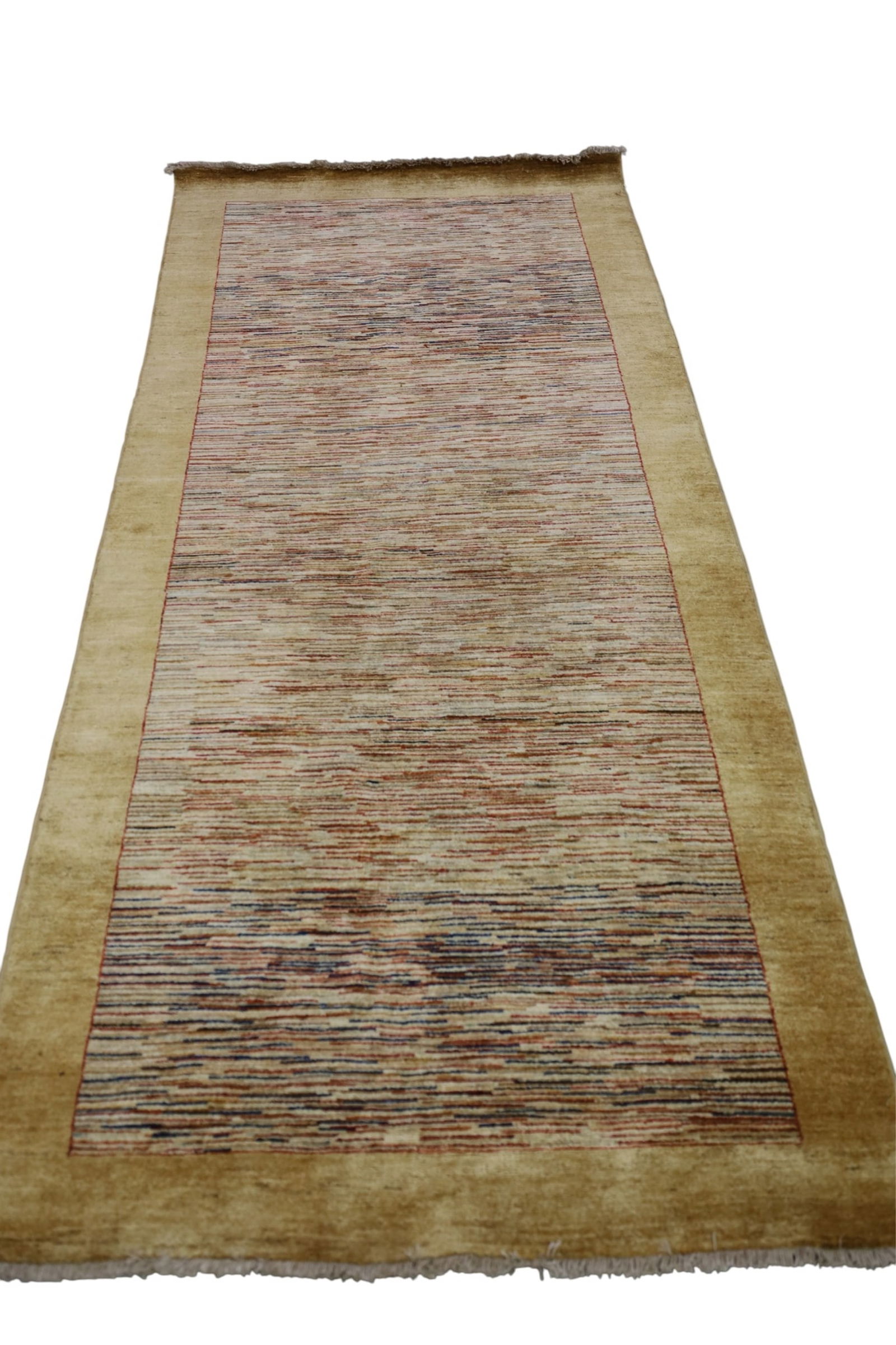 APPROX 9' 10" x 3' 11" HANDMADE WOOL RUG: MCM STYLE HANDMADE WOOL RUG.