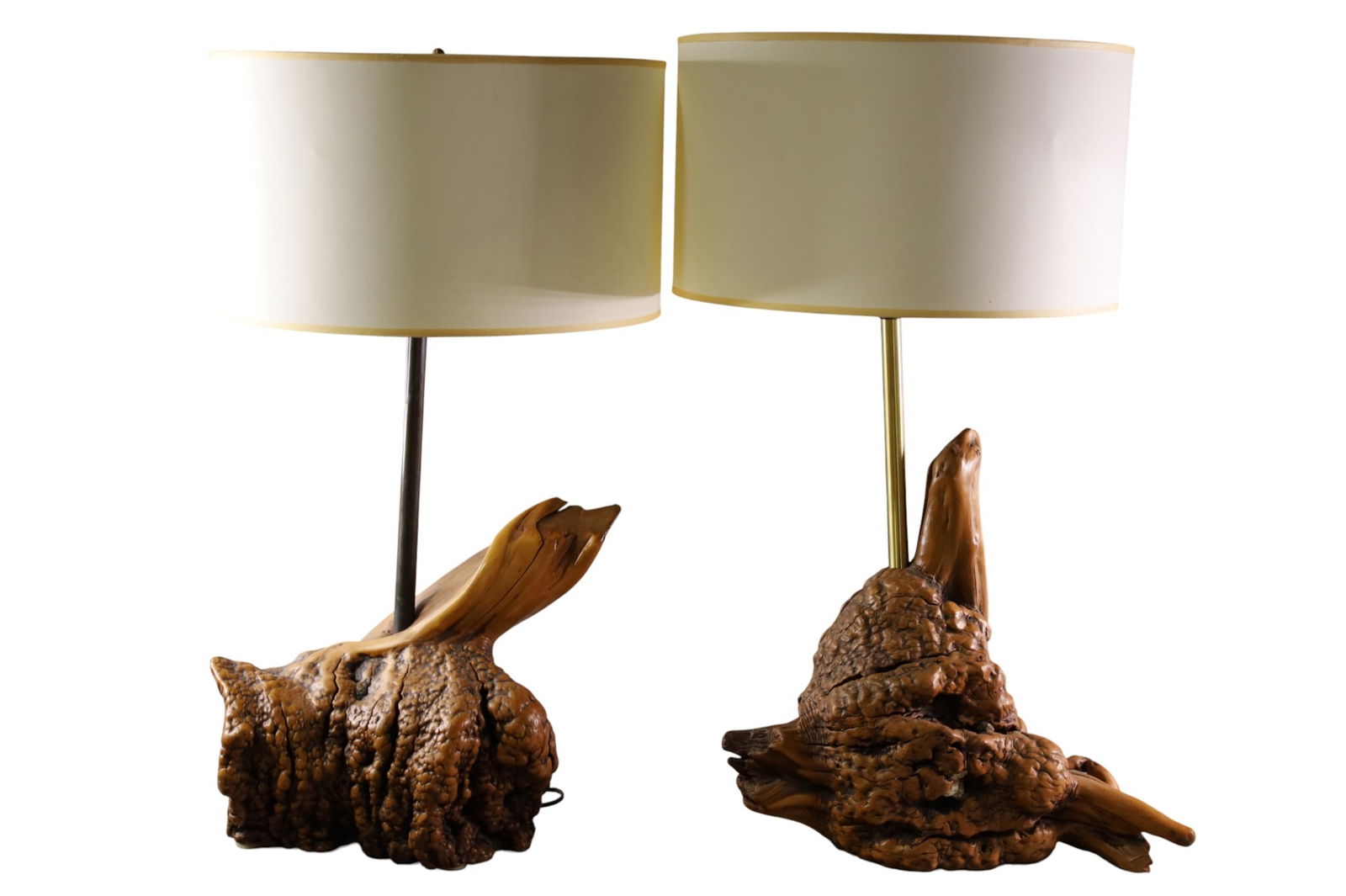 PAIR OF MCM TABLE LAMPS: PAIR OF BURL WOOD TABLE LAMPS, 30" H.