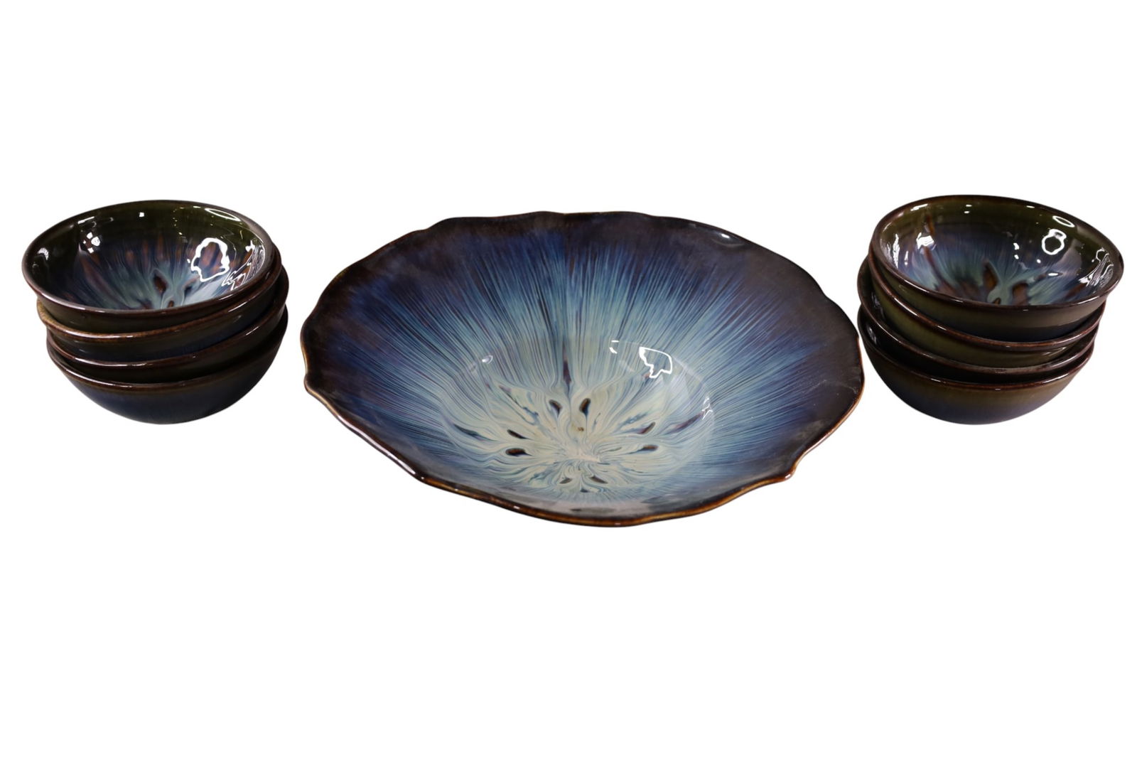 BILL CAMPBELL SALAD SET: 9 PIECE MCM POTTERY SALAD SET, SIGNED BILL CAMPBELL. 6" DIAM x 13" DIAM.