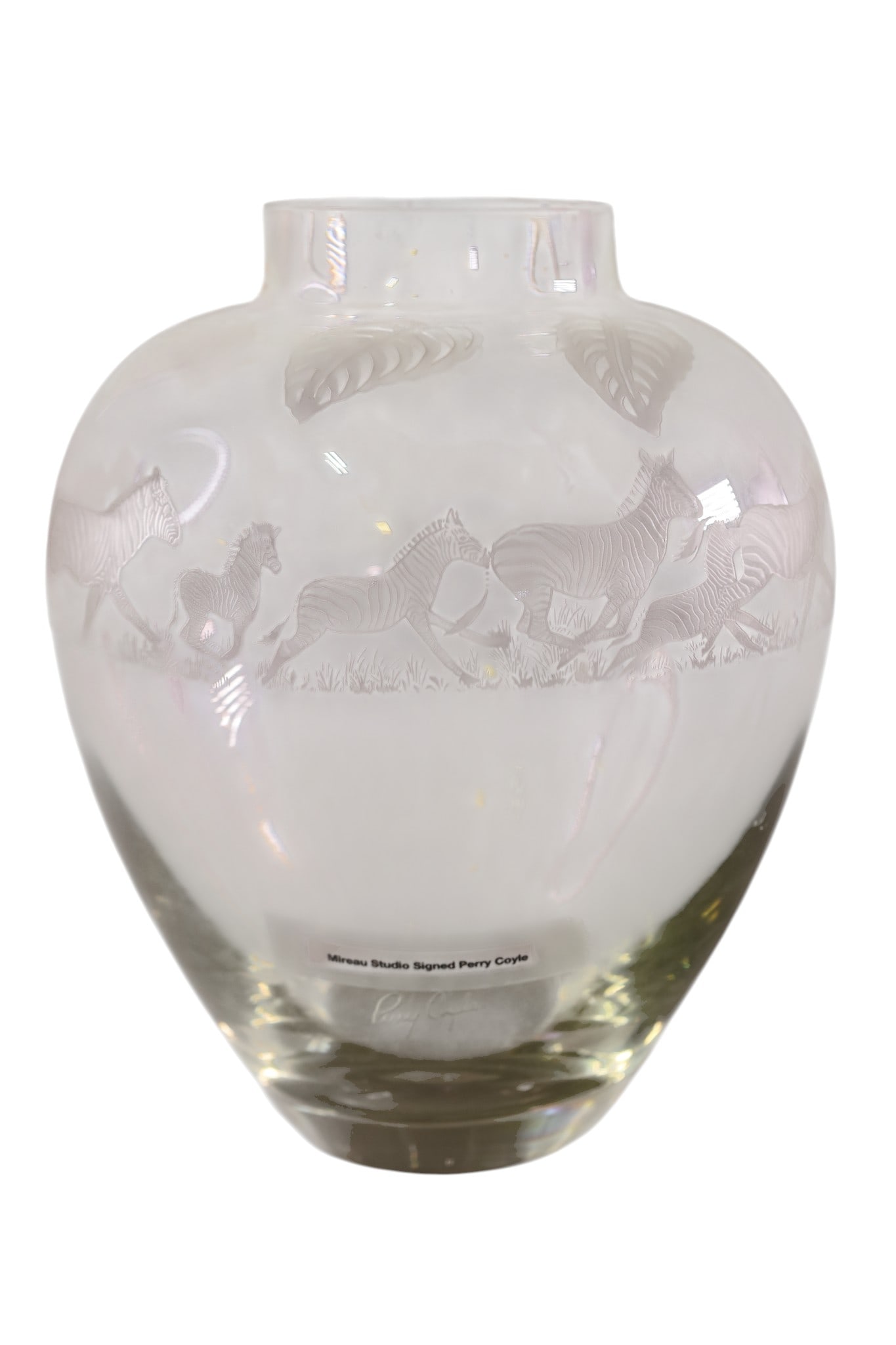 MIREAU STUDIOS VASE: ZEBRA ETCHED VASE, MIREAU STUDIOS, PERRY COYLE. 10" H.
