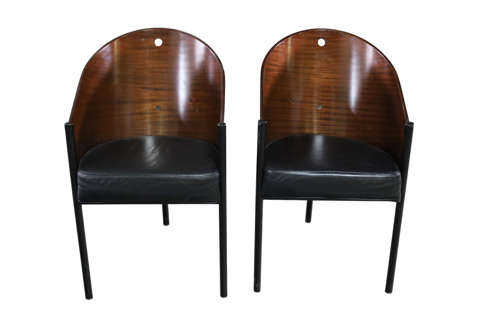 PAIR OF MID CENTURY MODERN CHAIRS: PAIR OF MID CENTURY MODERN ROUNDED BACK ARMCHAIRS, PHILLIPPE STARCK COSTES. SCRATCHES. 18" W x 22" D x 32" H. THIS ITEM EXCEEDS SIZE LIMITATIONS FOR IN HOUSE SHIPPING, MUST BE PICKED UP IN HOUSE