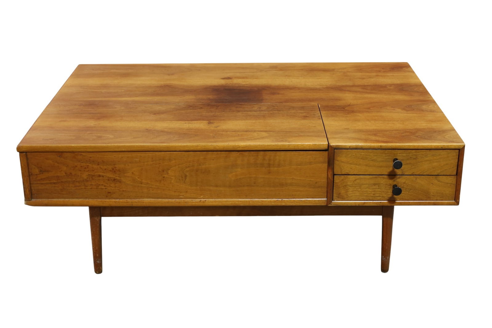 MID CENTURY MODERN COFFEE TABLE: DREXEL DECLARATION KIPP STEWART MID CENTURY MODERN COFFEE TABLE, REPLACED PULLS. 46" W x 32" D x 16" H. THIS ITEM EXCEEDS SIZE LIMITATIONS FOR IN HOUSE SHIPPING, MUST BE PICKED UP IN HOUSE OR 