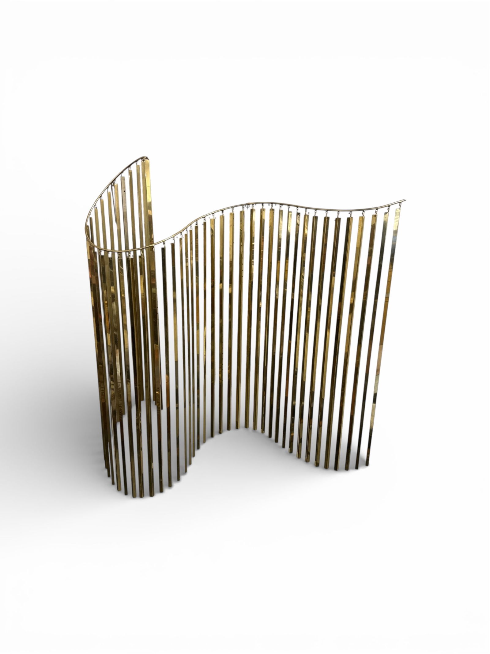 CURTIS JERE KINETIC WAVE: KINETIC WAVE SCULPTURE, SIGNED, SOME TARNISHING. 44" W x 47" H. THIS ITEM EXCEEDS SIZE LIMITATIONS FOR IN HOUSE SHIPPING, MUST BE PICKED UP IN HOUSE OR SHIPPED VIA 3rd PARTY GROUND SHIPPER.