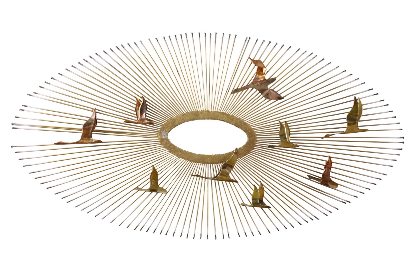 MCM WALL SCULPTURE: IN THE STYLE OF CURTIS JERE, UNMARKED. MISSING ONE BIRD. 38" x 20" THIS ITEM EXCEEDS SIZE LIMITATIONS FOR IN HOUSE SHIPPING, MUST BE PICKED UP IN HOUSE OR SHIPPED VIA 3rd PARTY GROUND SHIPPER.