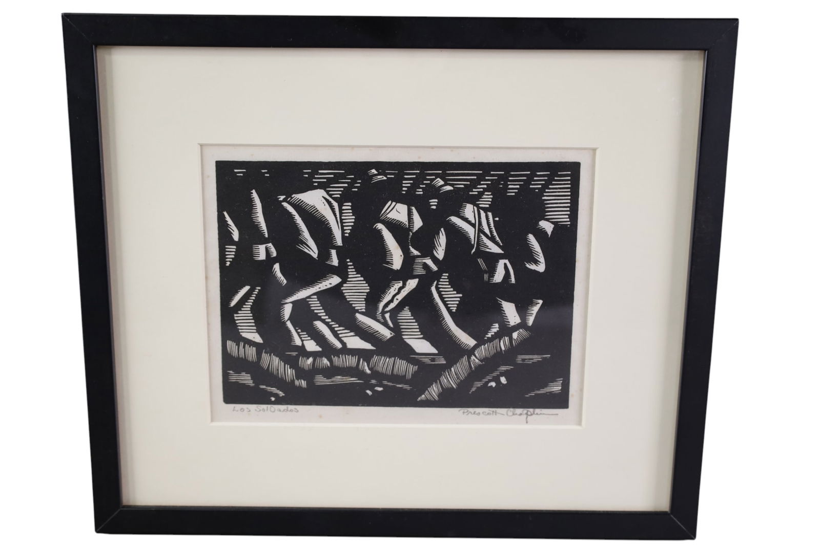 PRESCOTT CHAPLIN WOODCUT: FRAMED WOODCUT, PRESCOTT CHAPLIN, LOS SOL DADOS. 12 1/2" x 10 1/2"