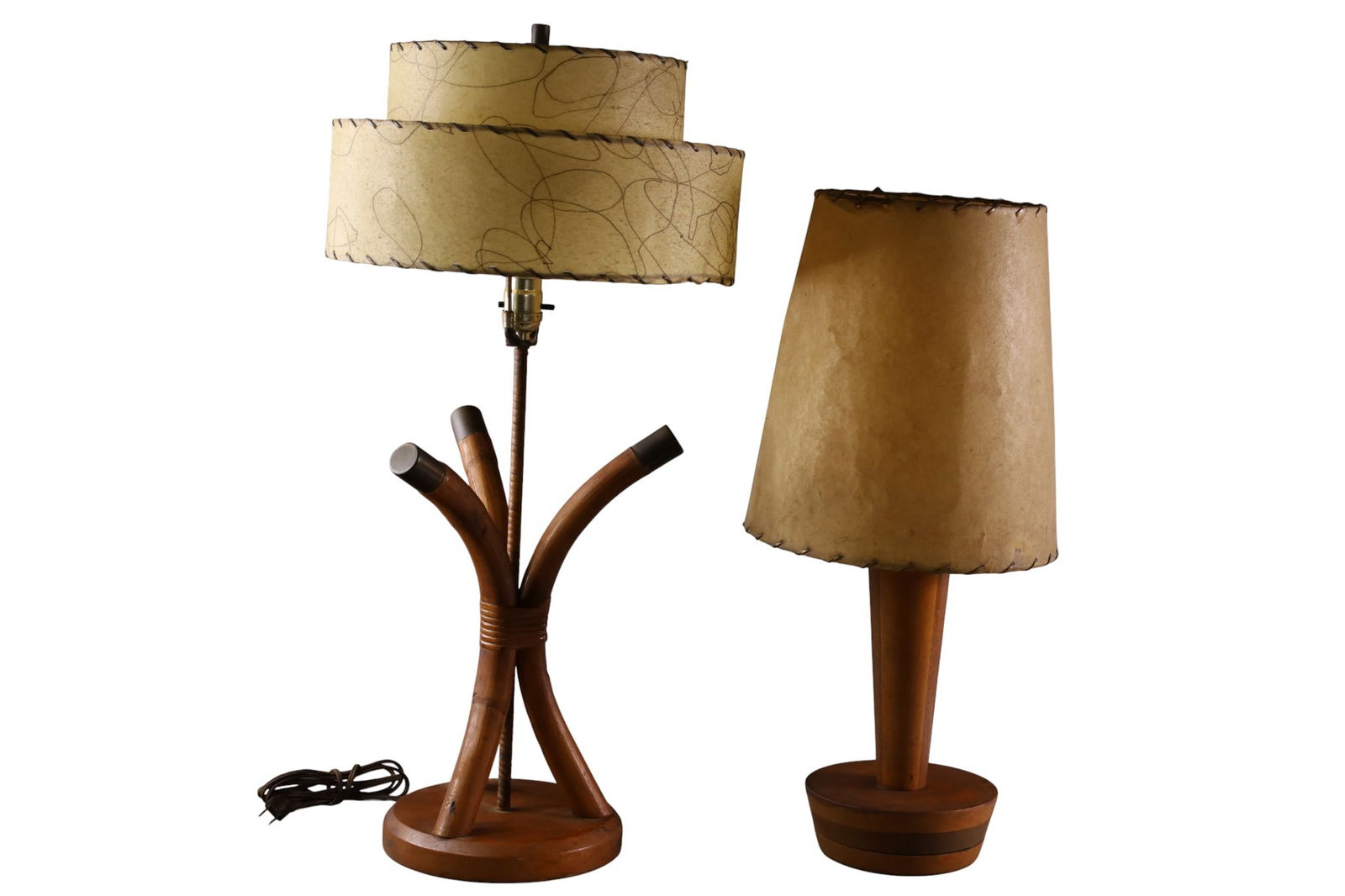 PAIR OF MCM TABLE LAMPS: PAIR OF WOODEN MCM TABLE LAMPS, WITH PAPER SHADES. 24" x 24"