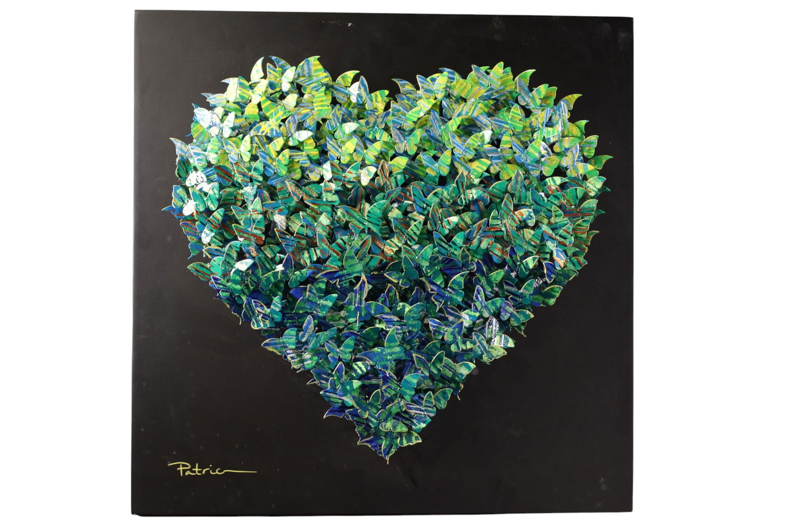 PATRICIA GOVEZENSKY 3D METAL ART SCULPTURE: PATRICIA GIVEZENSKY 3D METAL ART SCULPTURE, HEART SHAPED BUTTERFLIES. 20" x 20"