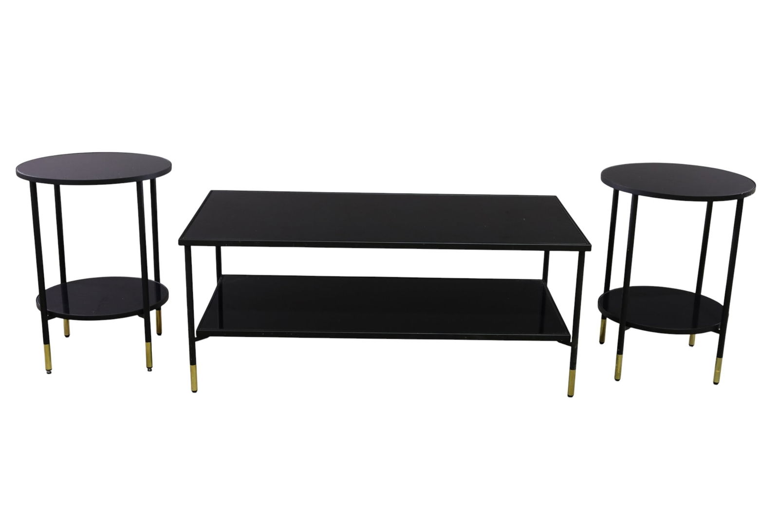 3 PIECE TABLE SET: CONTEMPORARY 3 PIECE TABLE SET, PAIR OF TWO TIER END TABLES & TWO TIER COFFEE TABLE. 45" L x 22" D x 19" H & 18" DIAM x 24" H. THIS ITEM EXCEEDS SIZE LIMITATIONS FOR IN HOUSE SHIPPING, MUST BE 