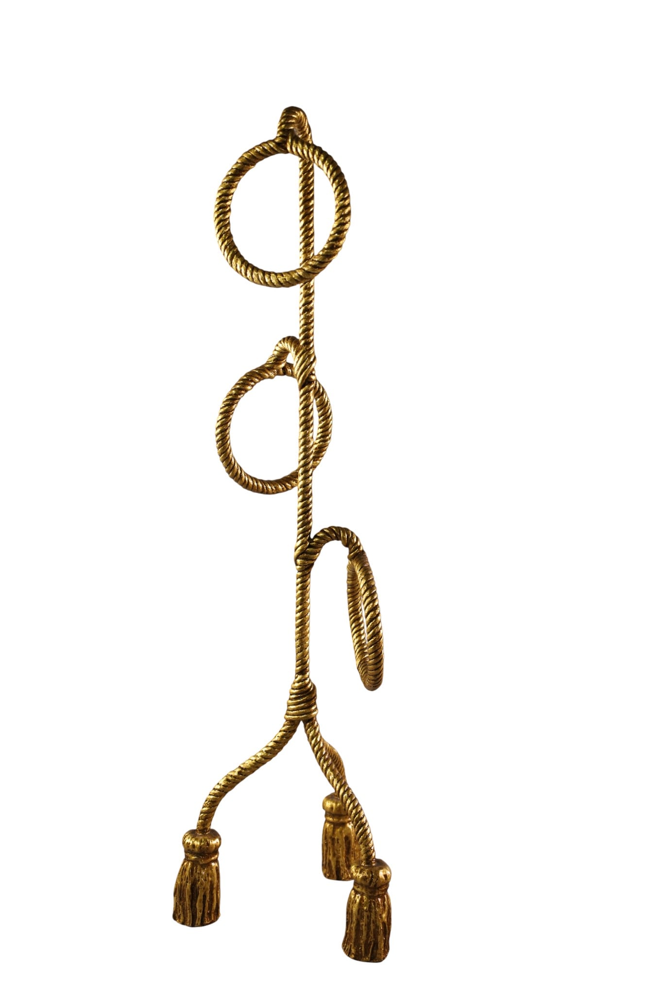 HOLLYWOOD REGENCY TOWEL RACK: ROPE FORM HOLLYWOOD REGENCY TOWEL HOLDER. 29" H. THIS ITEM EXCEEDS SIZE LIMITATIONS FOR IN HOUSE SHIPPING, MUST BE PICKED UP IN HOUSE OR SHIPPED VIA 3rd PARTY GROUND SHIPPER.