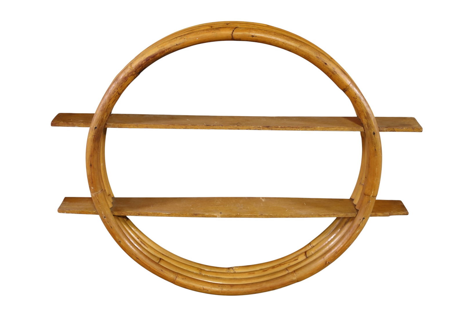 RATTAN WALL RING: VINTAGE RATTAN WALL SHELF. FOUR BAND. 32 W x 26" H.