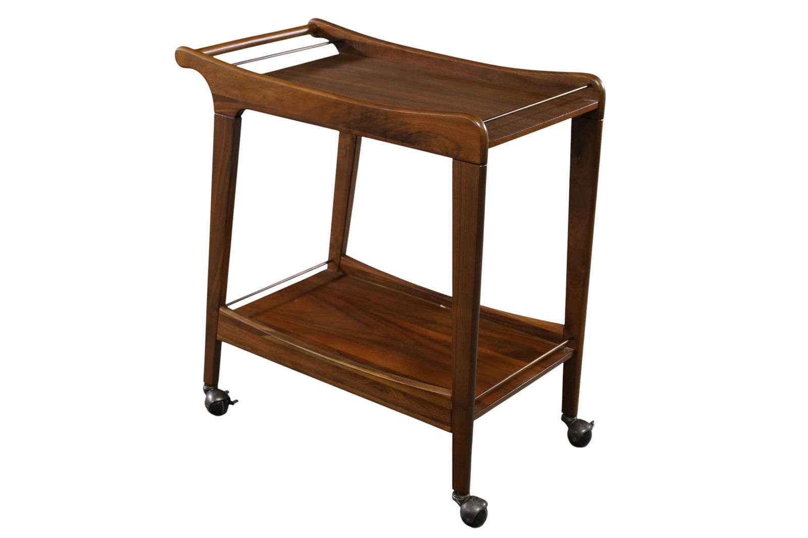 MCM STYLE BAR CART: MID CENTURY MODERN STYLE BAR CART, TWO TIER ON CASTERS. 28" W X 15" D x 30" H. THIS ITEM EXCEEDS SIZE LIMITATIONS FOR IN HOUSE SHIPPING, MUST BE PICKED UP IN HOUSE OR SHIPPED VIA 3rd PARTY GROUND