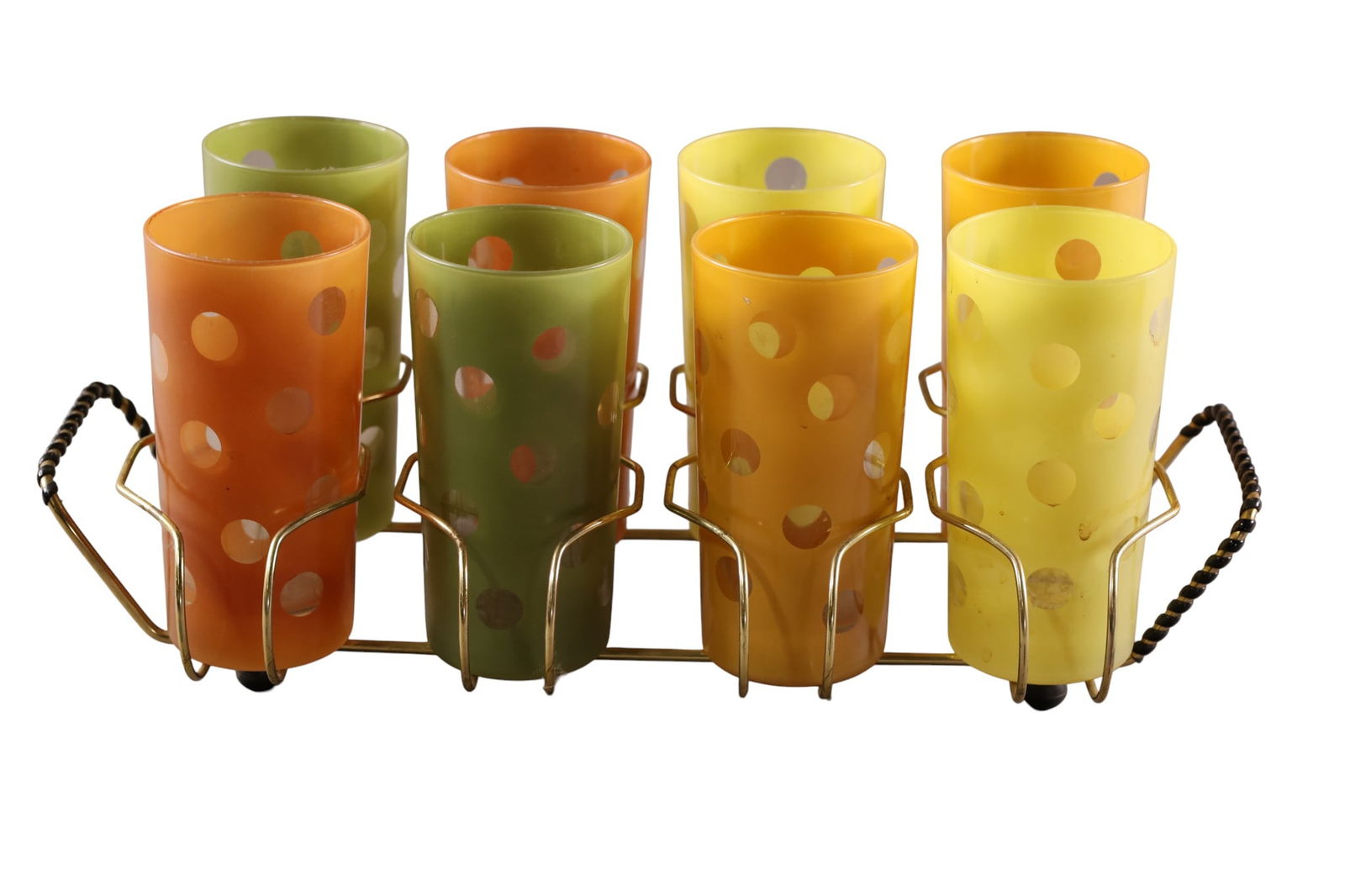 MCM DRINK SET: 8 GLASS MID CENTURY MODERN DRINK SET, IN HOLDER. 16" W.