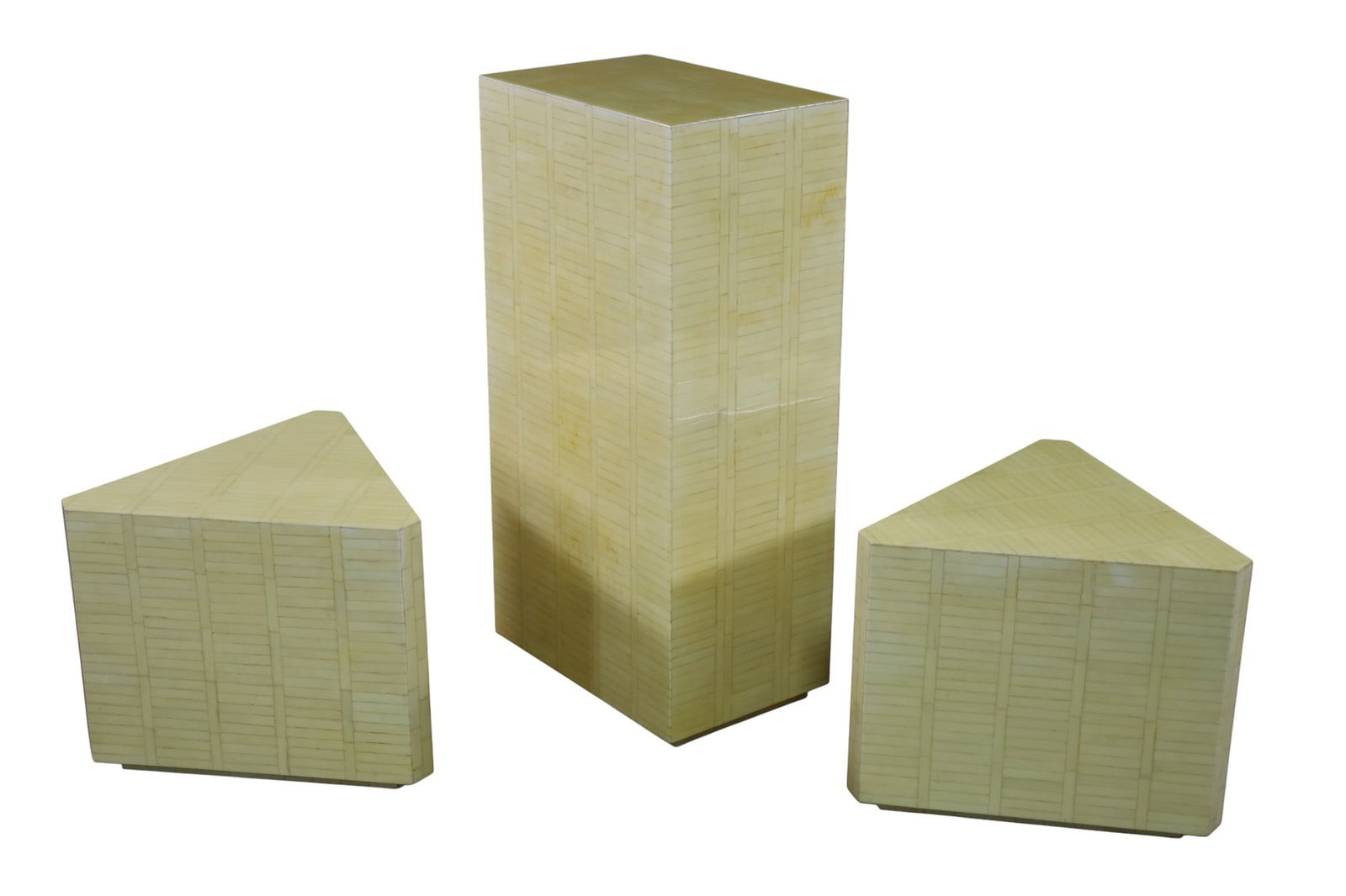 3 PIECE TABLE SET: POST MODERN 3 PIECE TABLE SET, PAIR OF END TABLES, & TALL END TABLE OR PEDESTAL. UNMARKED. 18" x 12" x 36" H & 19" W x 16" H. THIS ITEM EXCEEDS SIZE LIMITATIONS FOR IN HOUSE SHIPPING, MUST BE