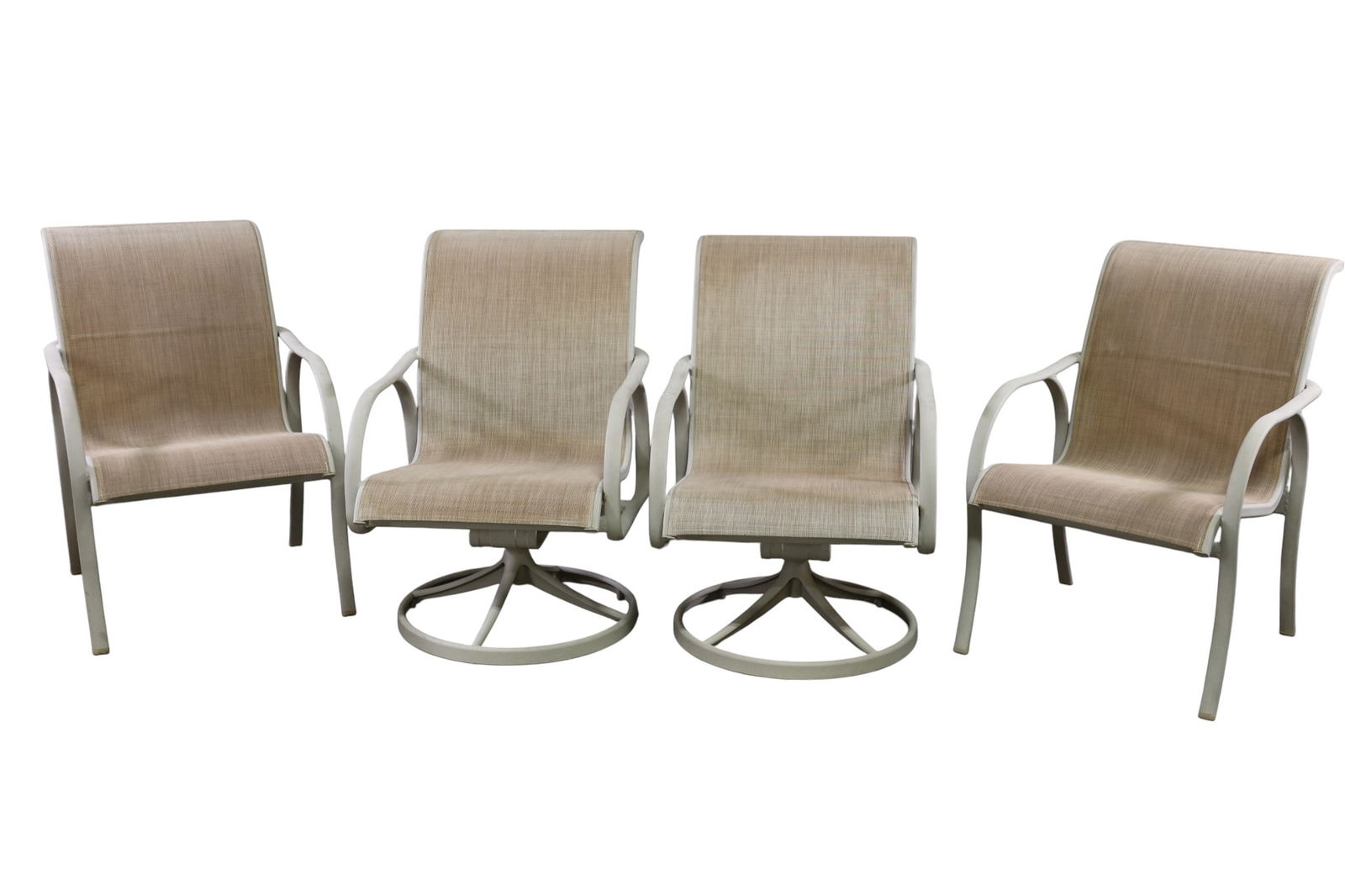 SET OF 4 TROPITONE PATIO CHAIRS: SET OF 4 VINTAGE, TROPITONE PATIO CHAIRS, TWO ARMCHAIRS, & SWIVEL BASE ARMCHAIRS. DISCOLORATION. 23" W X 28" D x 34" H. THIS ITEM EXCEEDS SIZE LIMITATIONS FOR IN HOUSE SHIPPING, MUST BE PICKED 