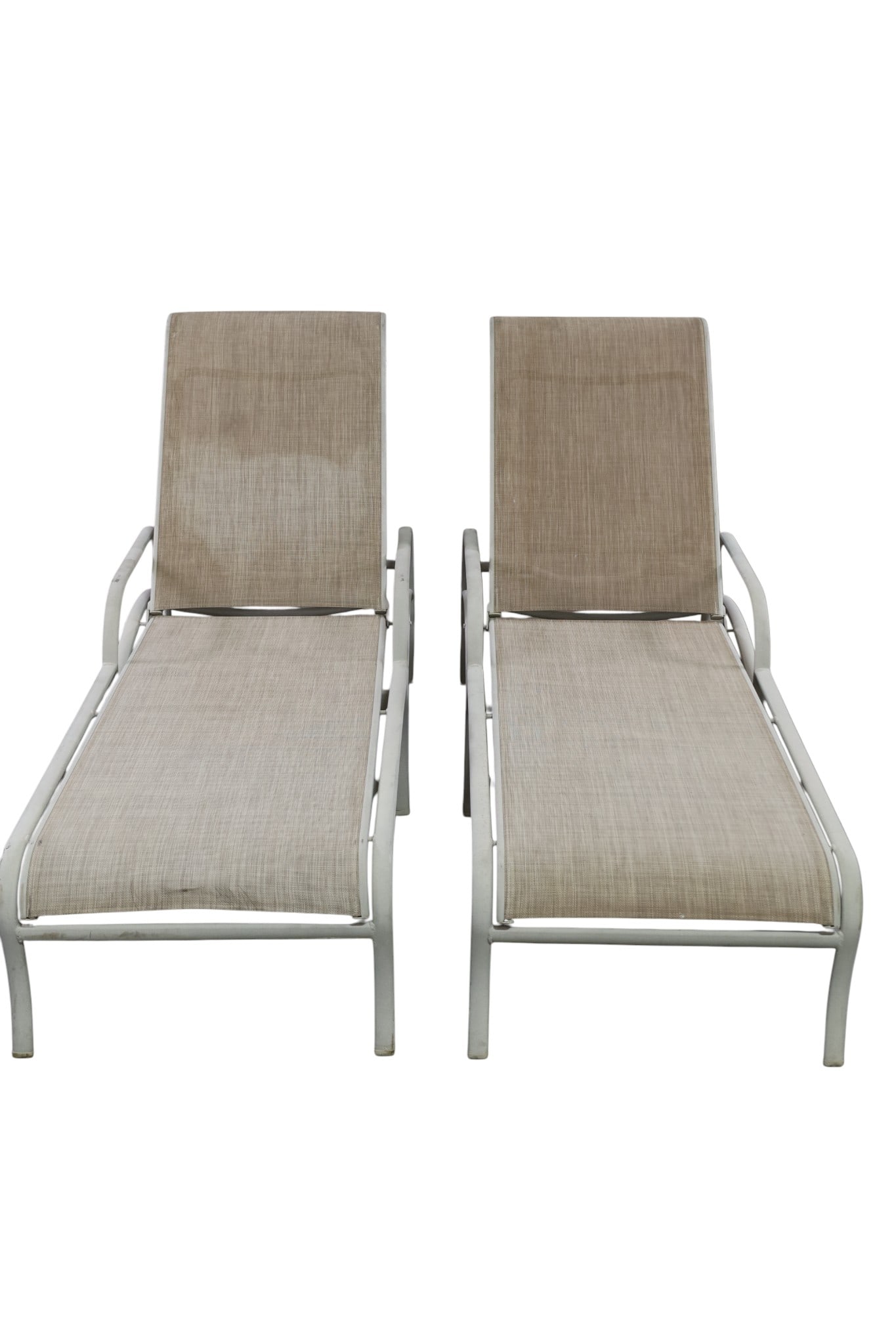PAIR OF TROPTIONE LOUNGE CHAIRS: PAIR OF VINTAGE TROPITON PATIO LOUNGE CHAIRS, DISCOLORATION. 26" W x 69" L x 39 1/2" H. THIS ITEM EXCEEDS SIZE LIMITATIONS FOR IN HOUSE SHIPPING, MUST BE PICKED UP IN HOUSE OR SHIPPED VIA 3rd