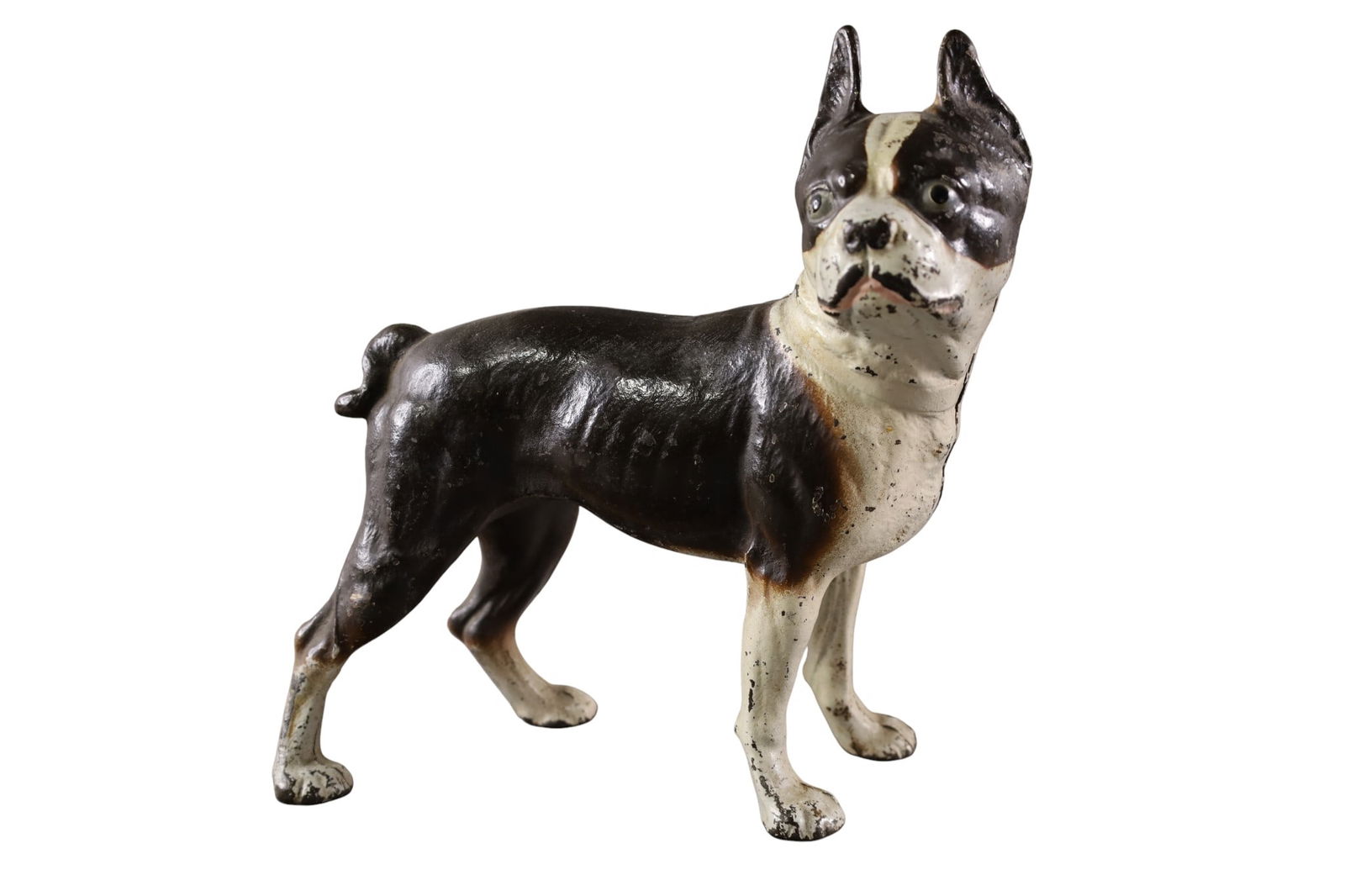 DOG CAST IRON DOORSTOP: BOSTON TERRIER DOORSTOP, UNMARKED HUBLEY, ORIGINAL PAINT. 10" H.