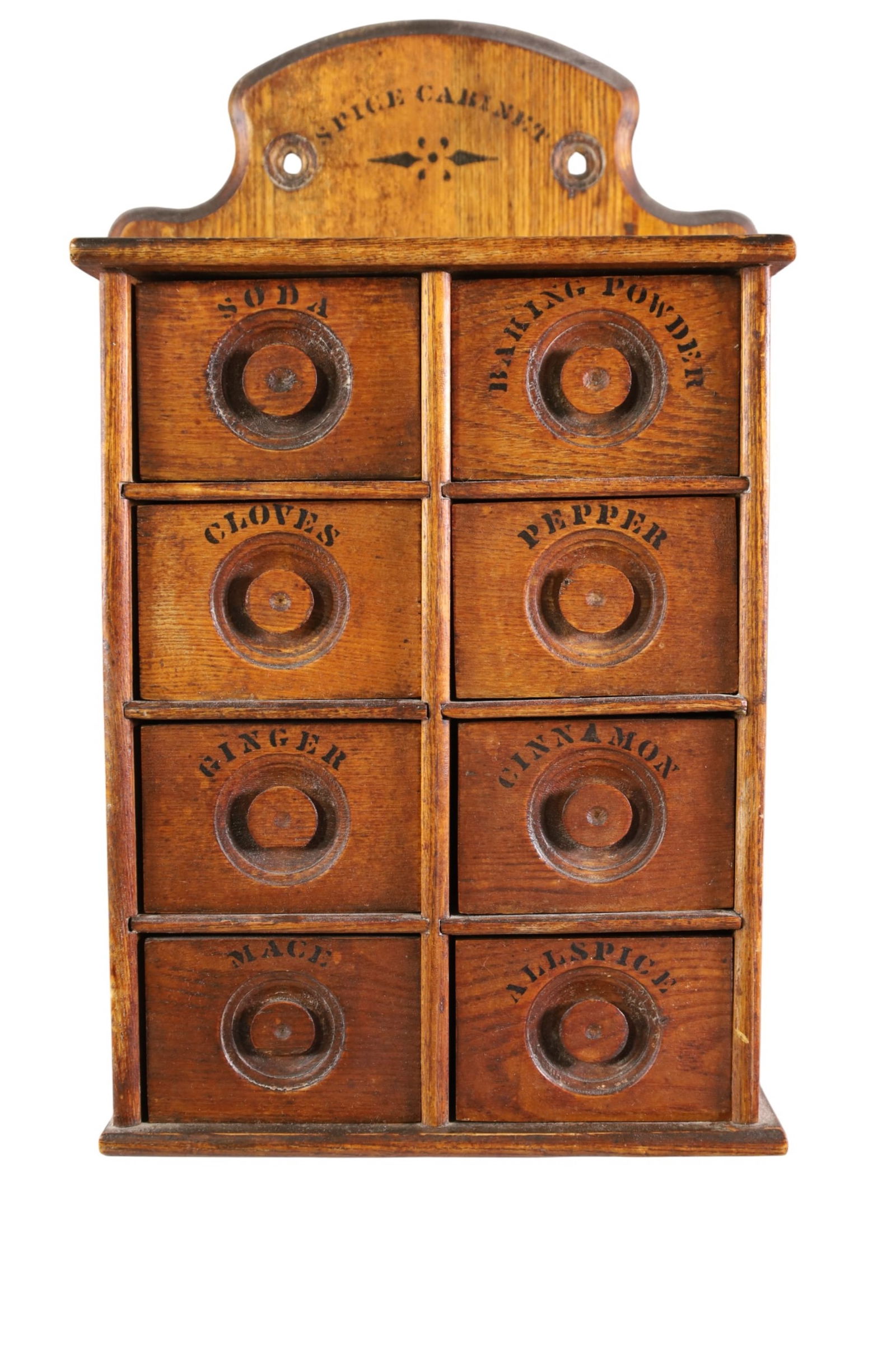 PRIMITIVE SPICE CABINET: HANGING 8 DRAWER PRIMITIVE SPICE CABINET, 8" H.