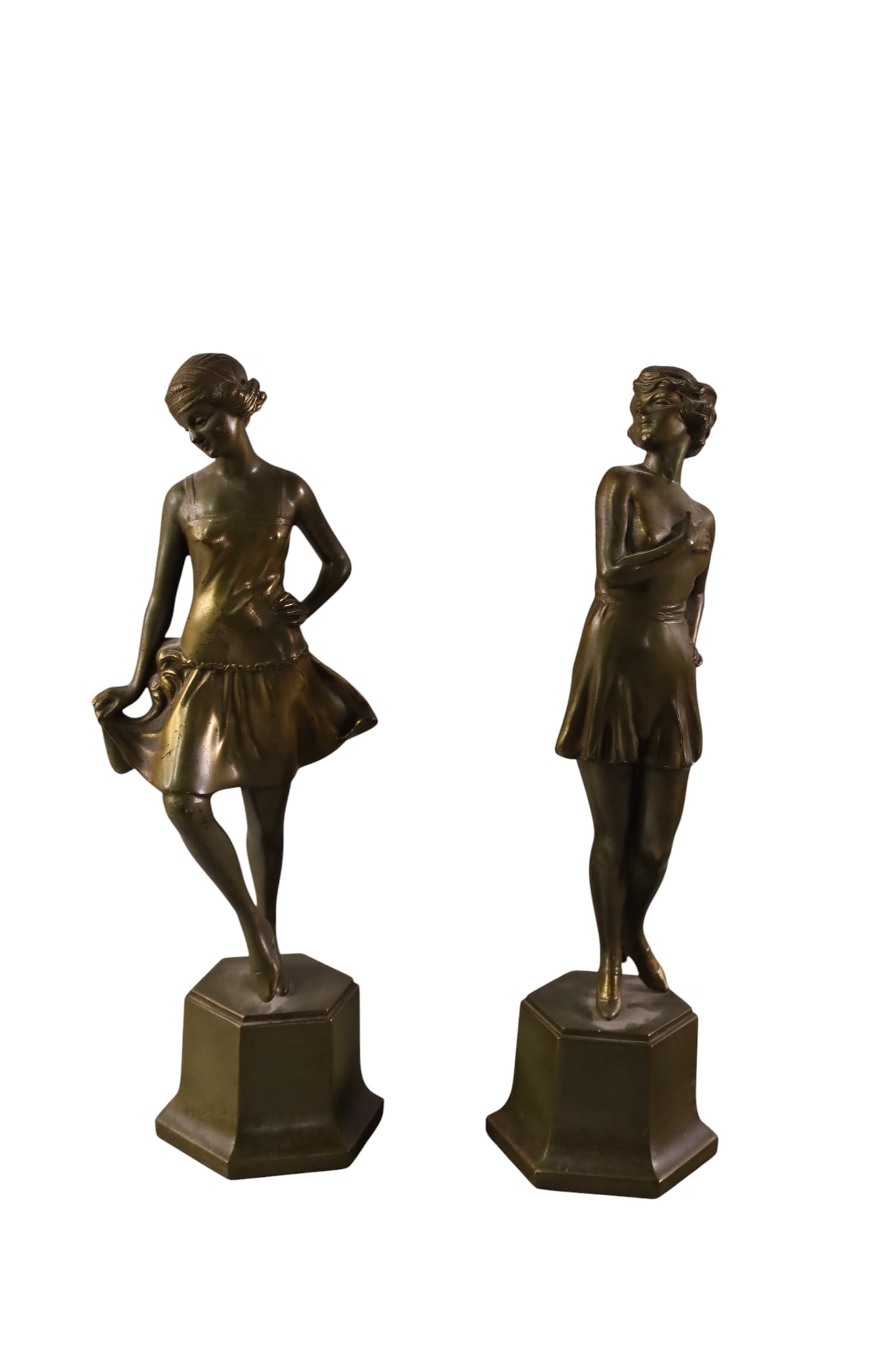 PAIR OF DECO SPELTER LADY STATUES: PAIR OF SPELTER LADY FIGURES, MARKED JB (JENNINGS BROS.) 13" H.