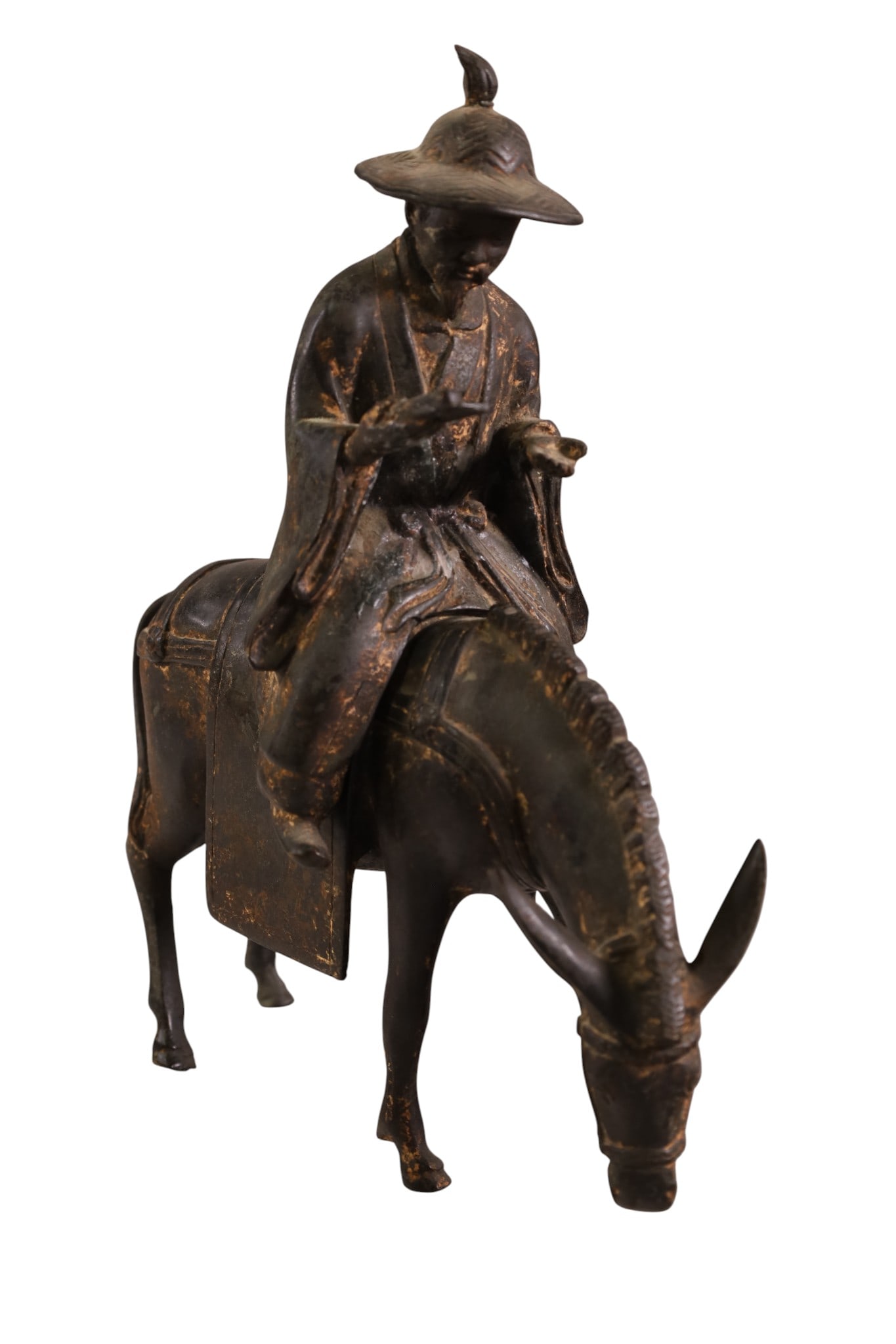 BRONZE CHINESE HORSEBACK RIDER: BRONZE SCHOLAR ON HORSEBACK, CHINESE BRONZE. 2 PIECE SCULPTURE. 12" H.