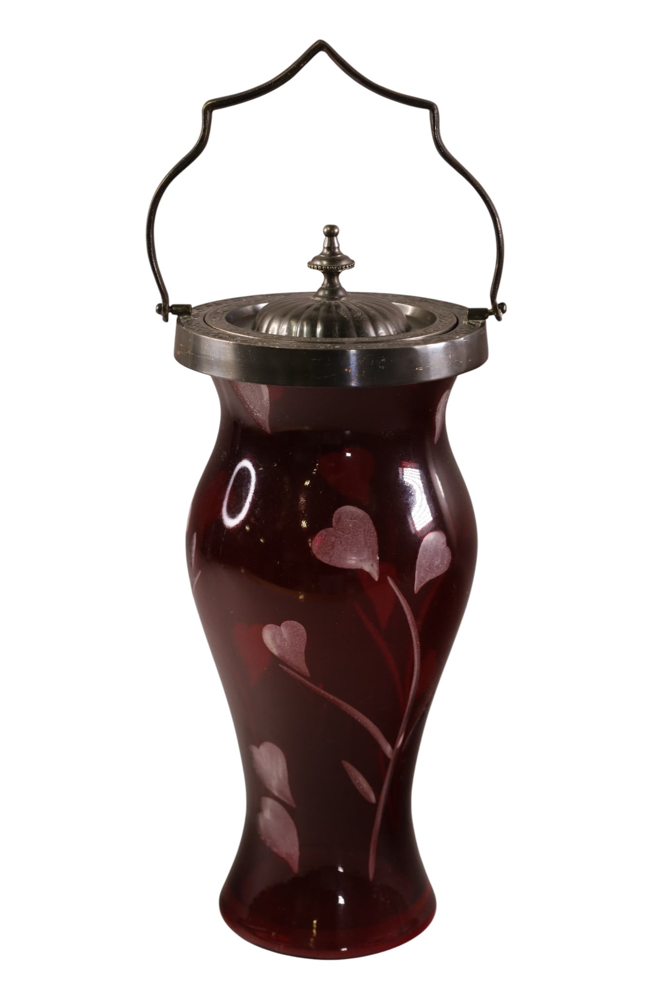 LIDDED RUBY CUT TO CLEAR JAR: RUBY CUT TO CLEAR, JAR WITH SILVERPLATED LID AND HANDLE. 12" H.