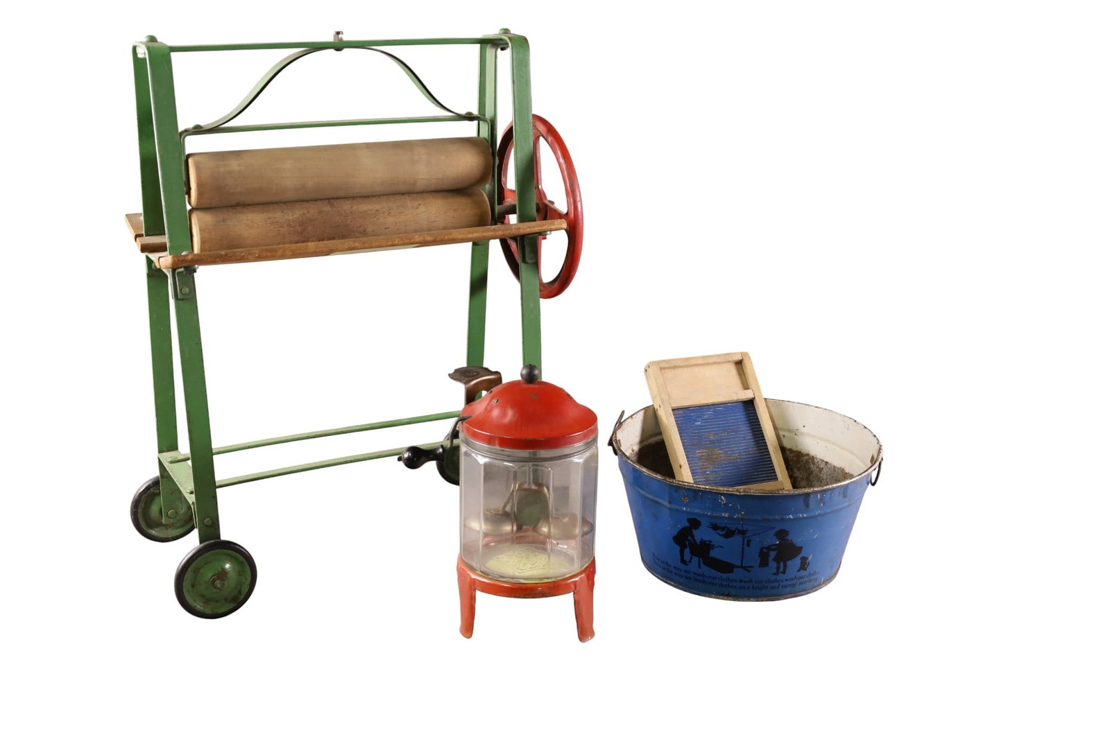 VINTAGE WASHING RELATED CHILD'S TOYS: WASH BASIN SET, RINGER, & WASHER. 9" H.