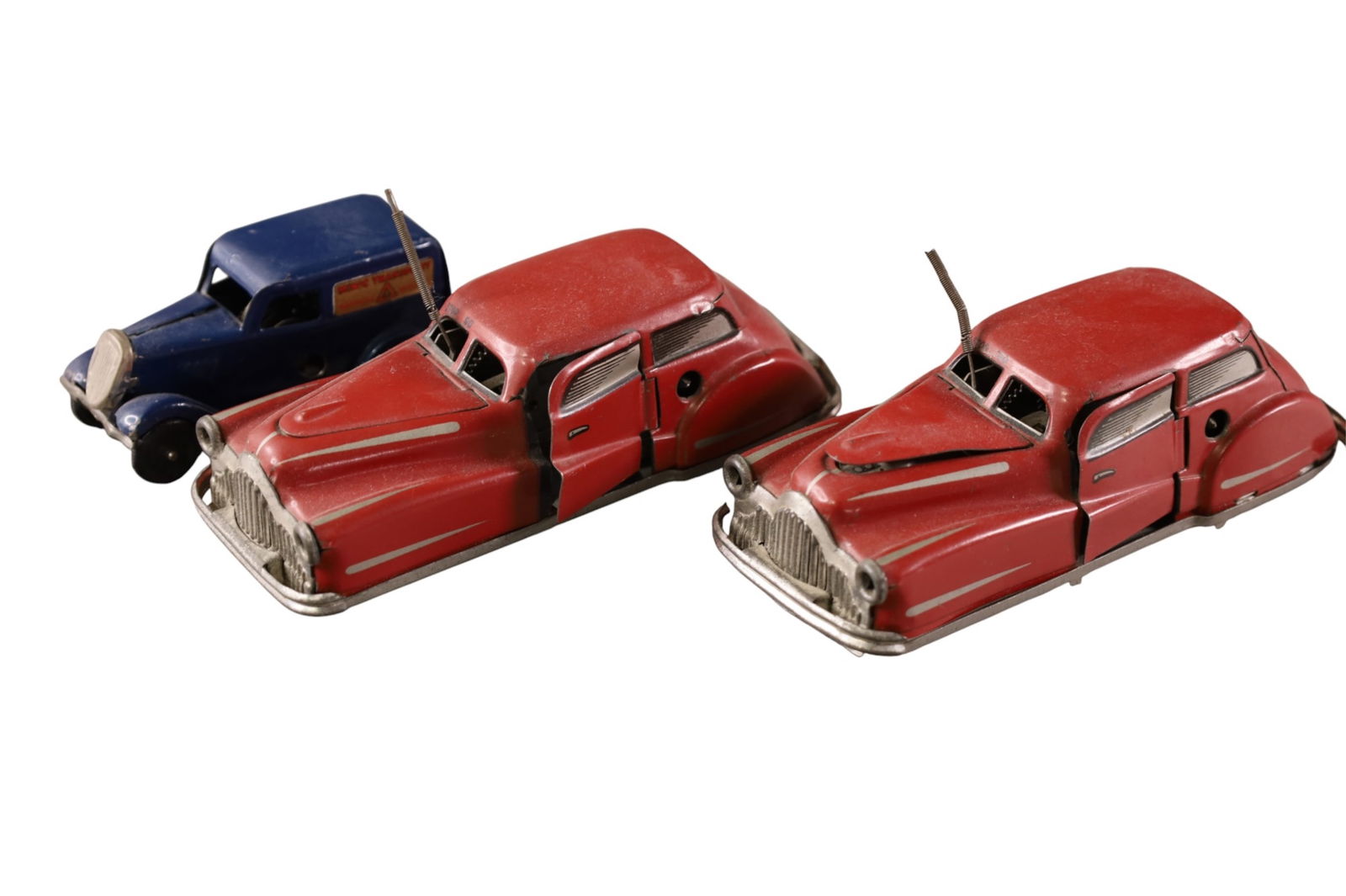 3 ANTIQUE TOY CARS: 2 FRENCH BREVETE MODEL 2002 SEDANS. & FRICTION MINIC TOY. 4" - 6" L.