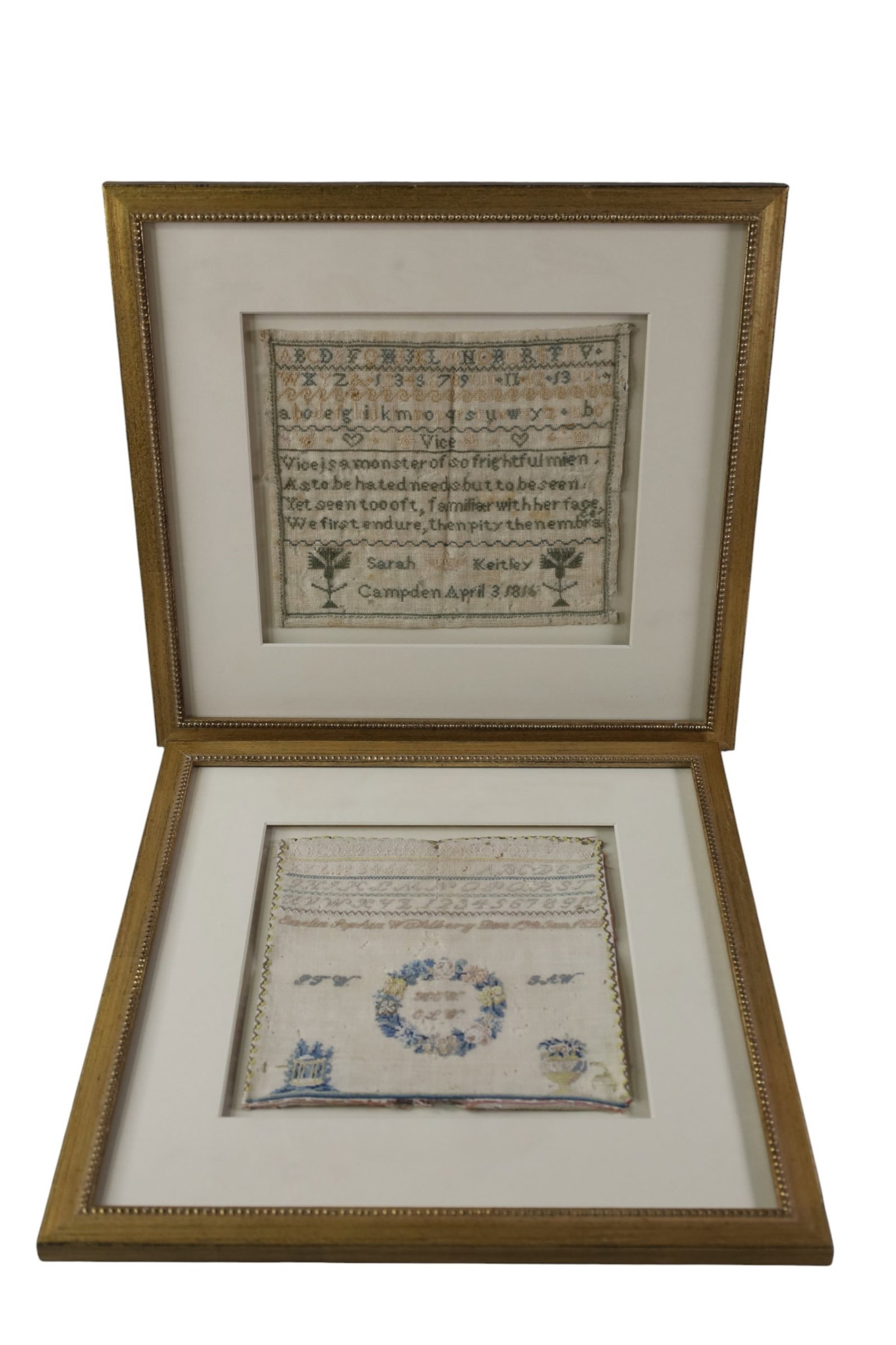 2 SAMPLERS: 2 FRAMED ANTIQUE SAMPLERS, APRIL 1816