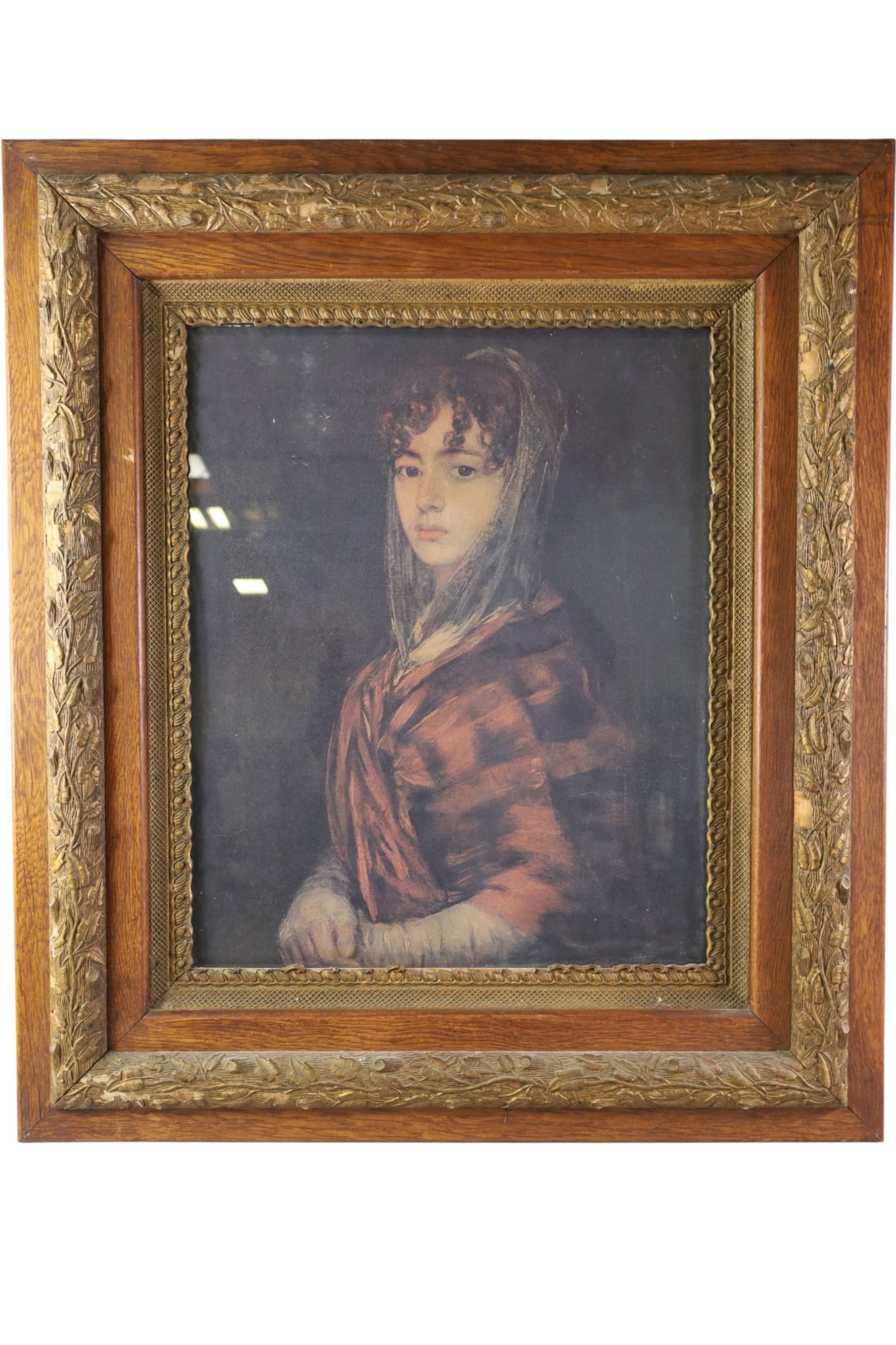 VICTORIAN FRAMED PRINT: OAK AND GESSO FRAME, DAMAGE TO FRAME. 29 1/2" x 33"