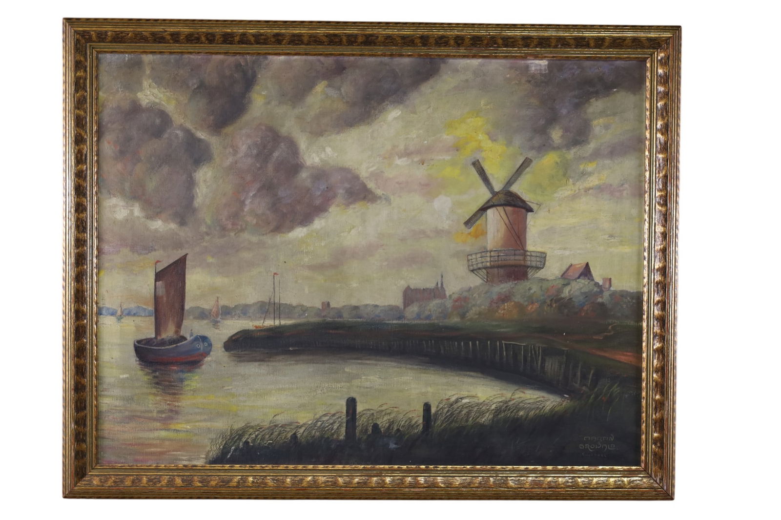 DUTCH WINDMILL PAINTING: OIL ON CANVAS, SIGNED LOWER RIGHT, MARTIN GROWALD. DUTCH WINDMILL SCENE. 45" x 35" THIS ITEM EXCEEDS SIZE LIMITATIONS FOR IN HOUSE SHIPPING, MUST BE PICKED UP IN HOUSE OR SHIPPED VIA 3rd PARTY