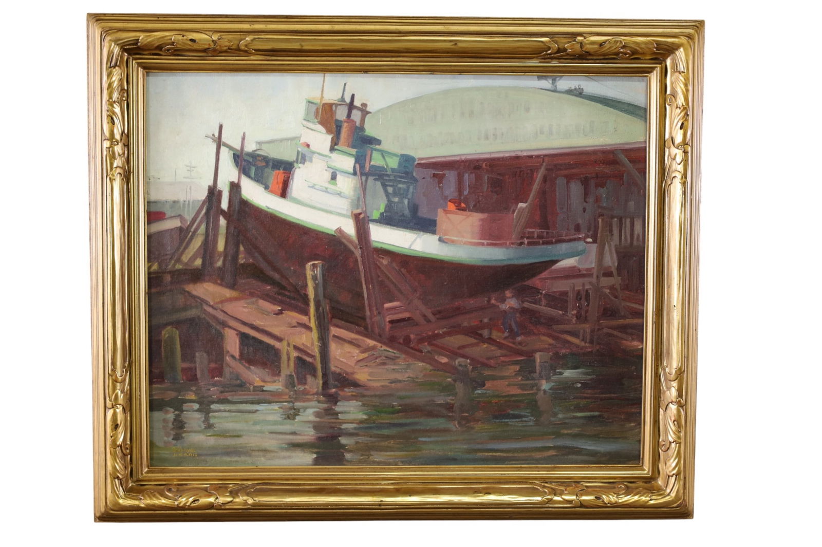 SAM HYDE HARRIS OIL PAINTING: OIL ON CANVAS, SIGNED LOWER LEFT, BOAT PAINTING. IN GILT FRAME. TOUCH UP TO LOWER LEFT. 30" x 24" CANVAS SIZE & 36" x 30" IN FRAME.