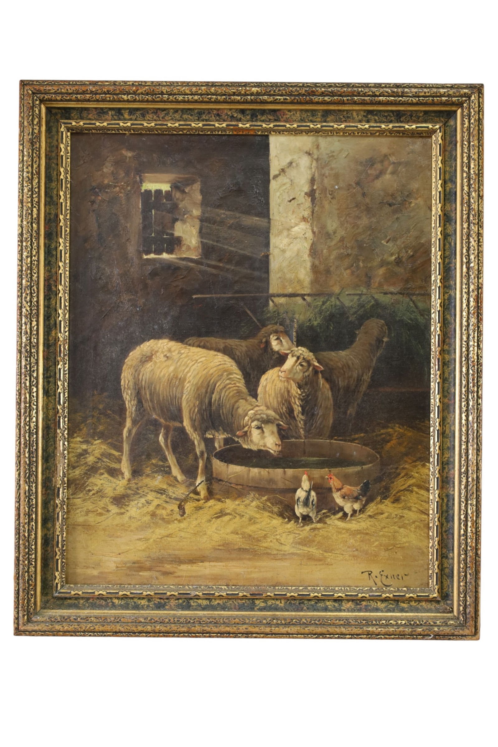 ANTIQUE SHEEP PAINTING: OIL ON CANVAS, SHEEP PAINTING, SIGNED, R. EXNER. RUDOLPH. TEARS TO CANVAS. 20 1/2" x 24 1/2"