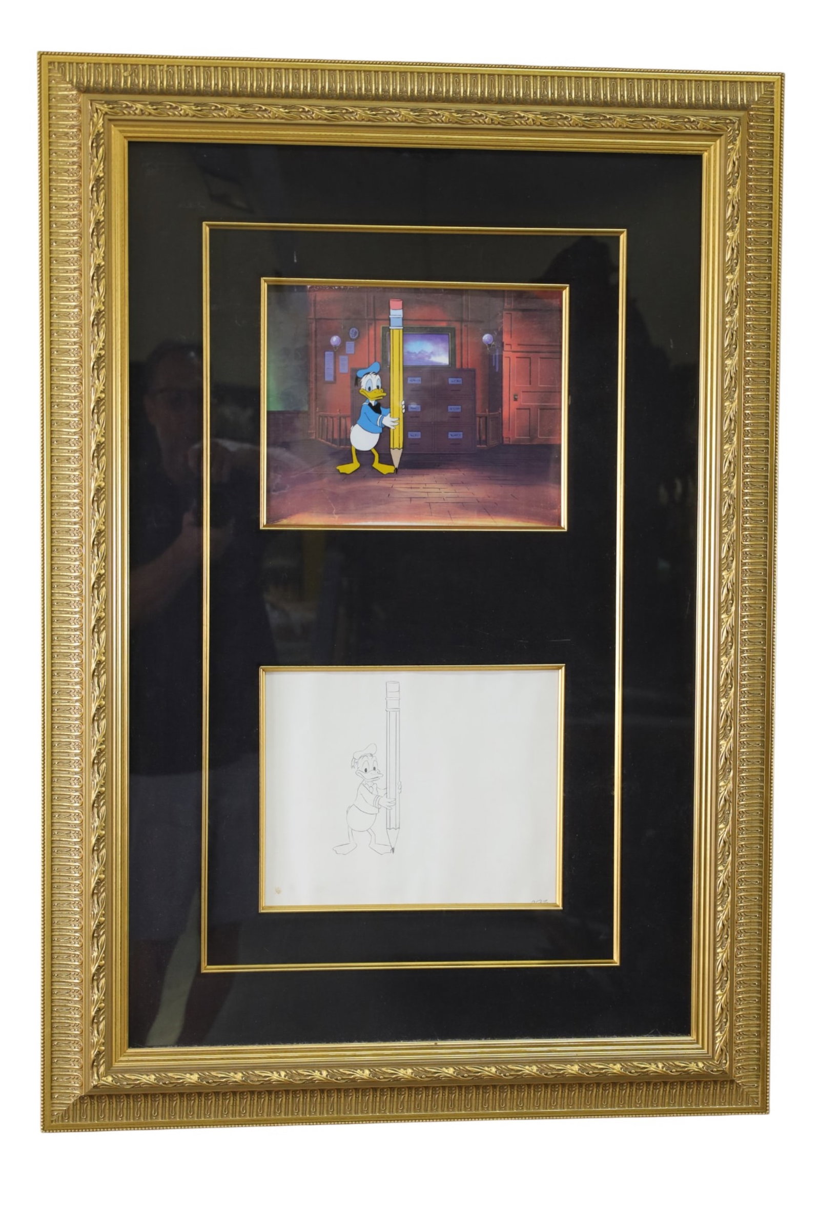 FRAMED DONALD DUCK CEL & DRAWING: ORIGINAL ANIMATION CEL & PENCIL DRAWING, IN CUSTOM FRAME. 28" x 40"