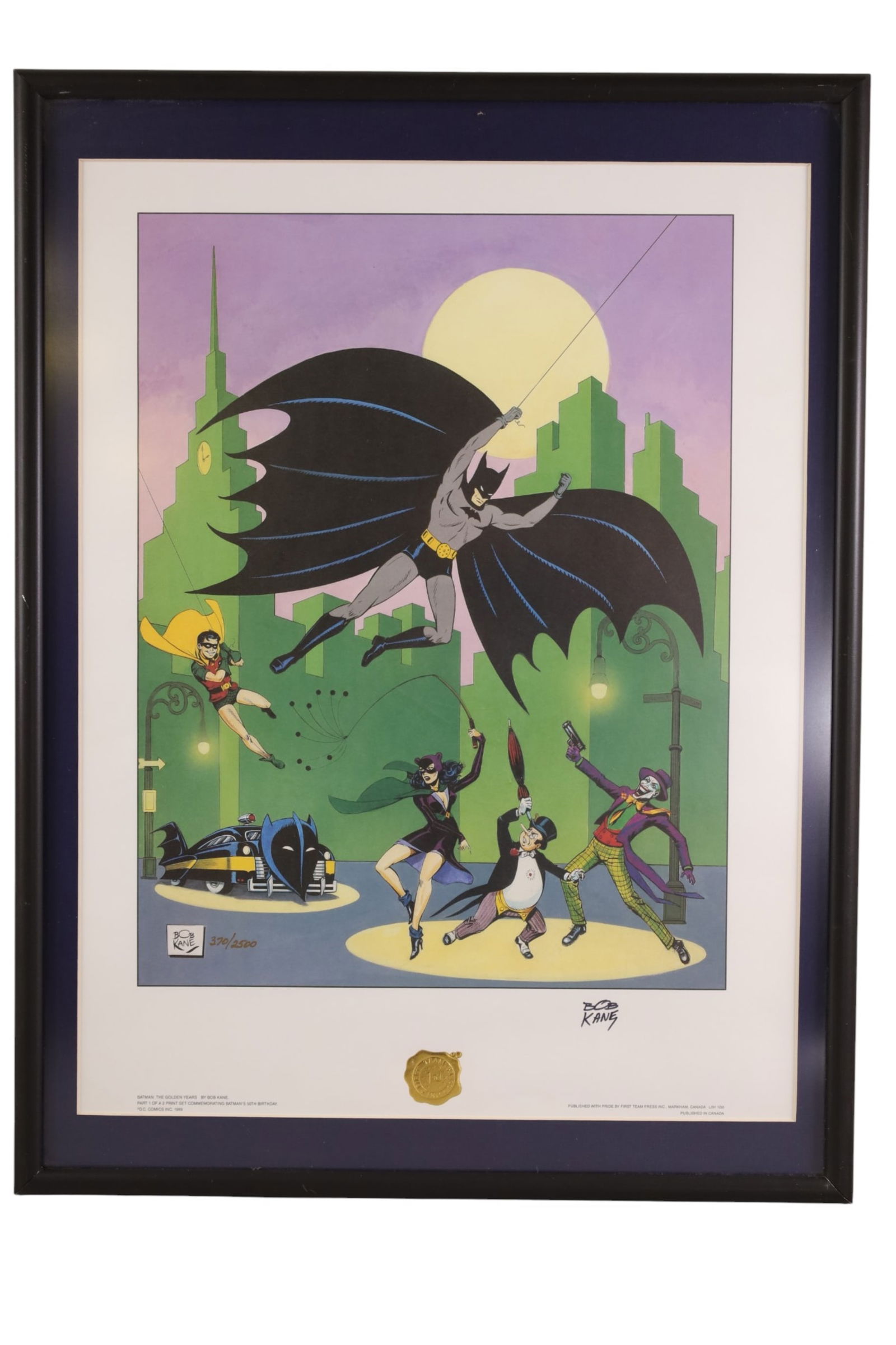 BOB KANE BATMAN LITHOGRAPH: SIGNED BOB KANE, NUMBERED LITHOGRAPH. 370/2500. BATMAN THE GOLDEN YEARS, 1989. BATMANS 50th BIRTHDAY. PUBLISHED BY FIRST TEAM PRESS INC. CANADA. 18" x 24 1/2"